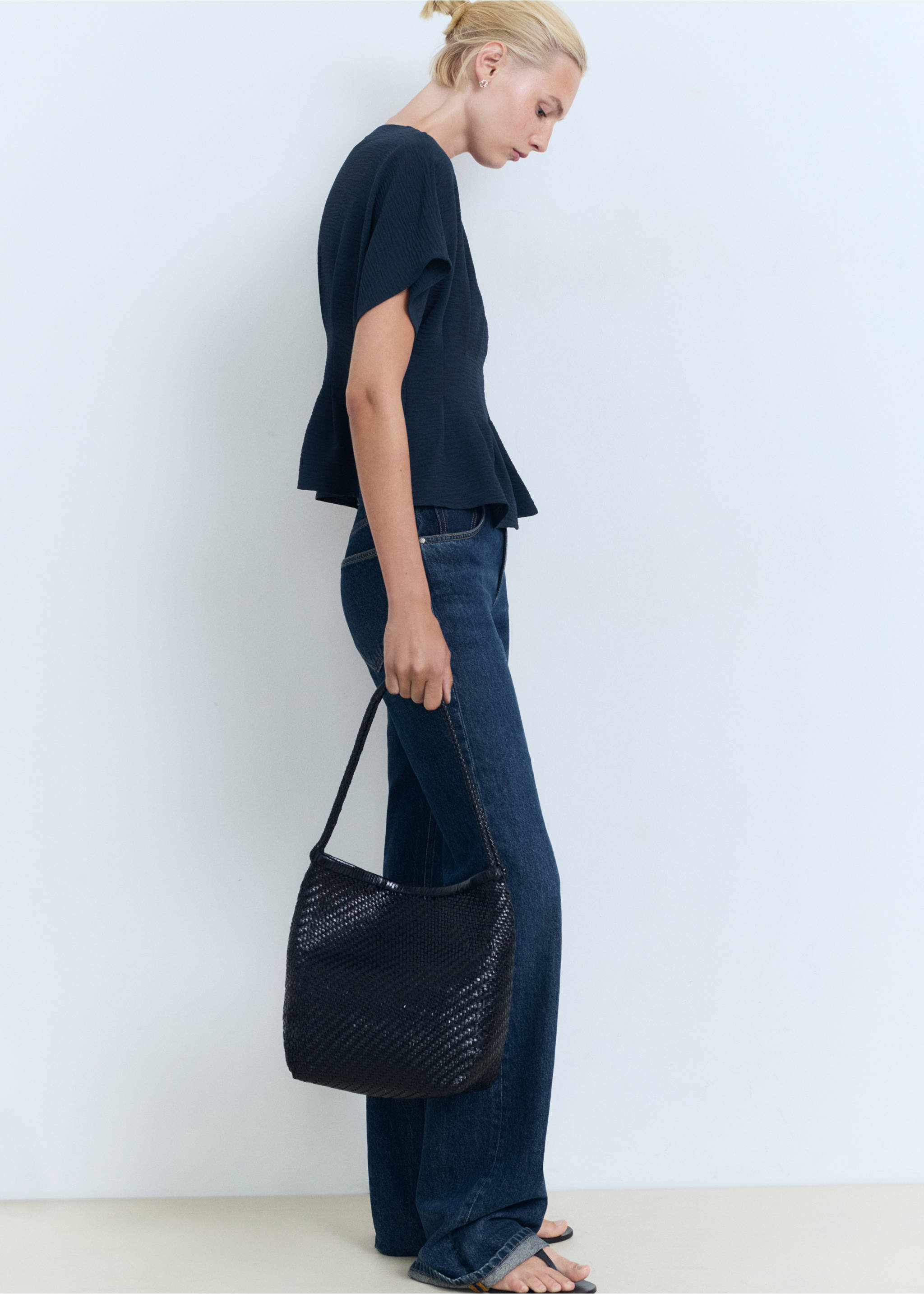 Fitted peplum blouse - Details of the article 2, Navy. Ref: 17052536-00.