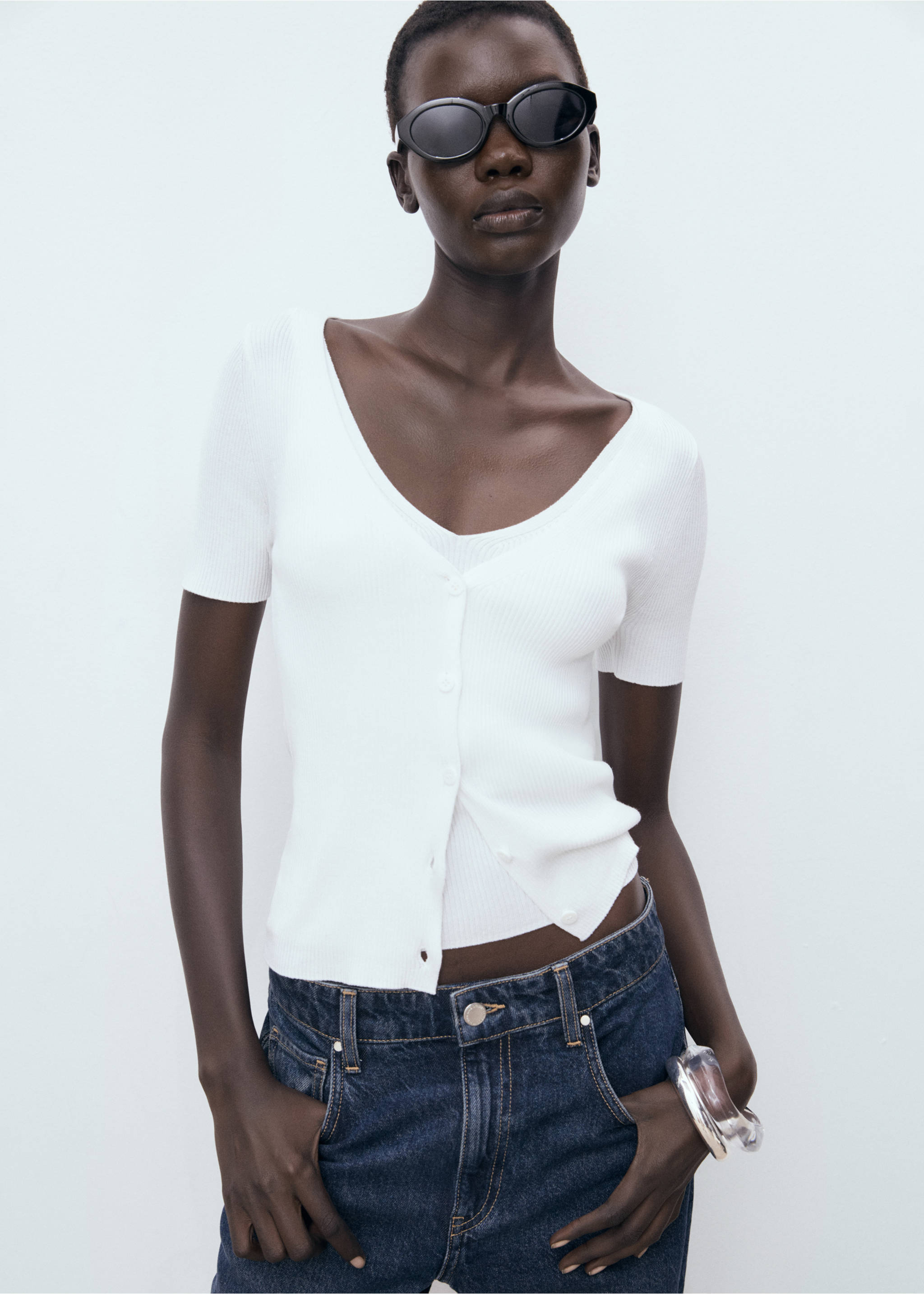 Mixed ribbed sweater - Medium plane, White. Ref: 17052901-00.