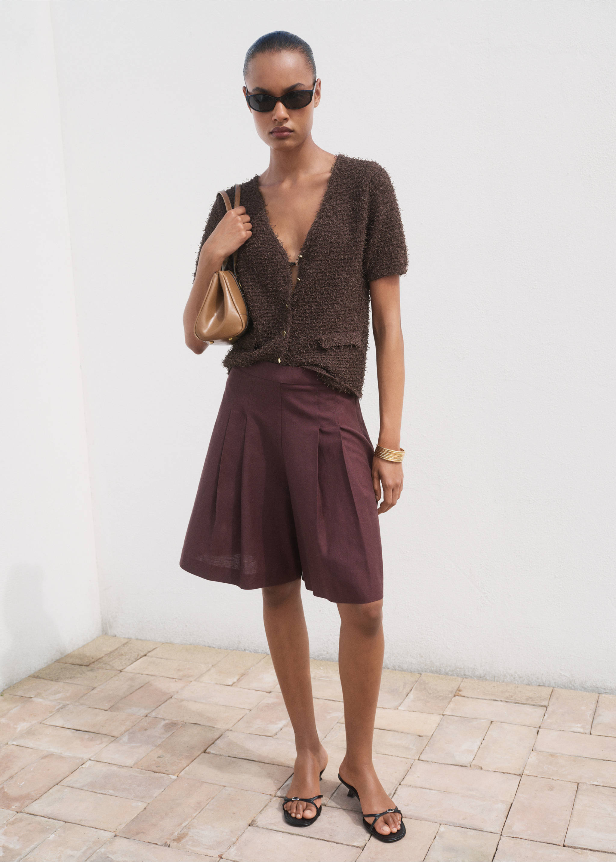 Short-sleeved bouclé cardigan - General plane, Chocolate. Ref: 17052903-00.