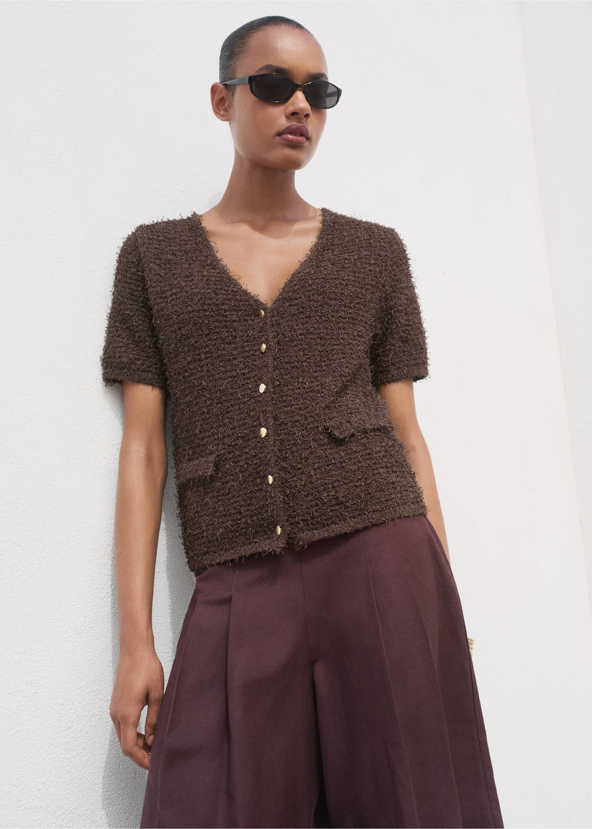 Short-sleeved bouclé cardigan - Medium plane, Chocolate. Ref: 17052903-00.