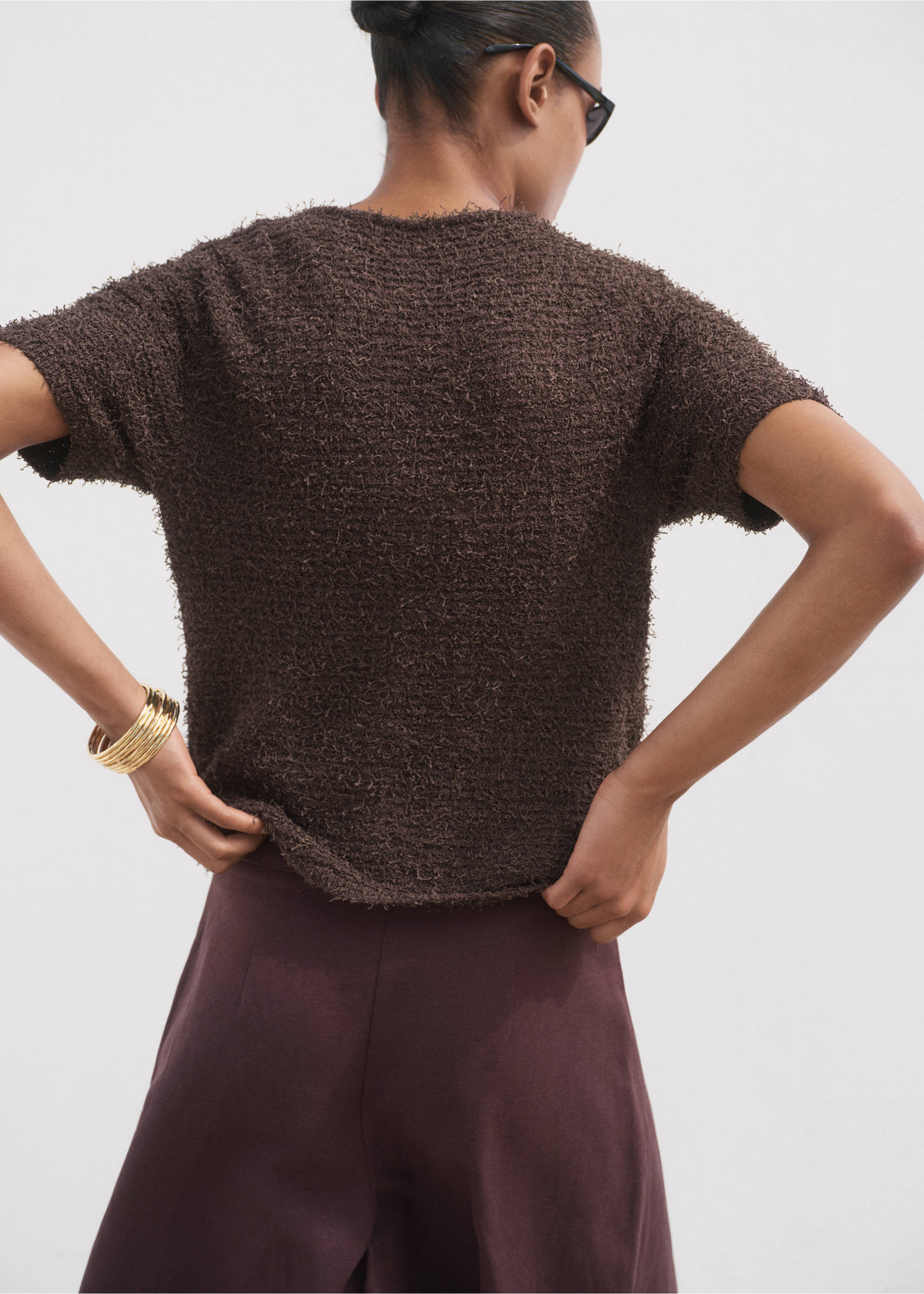 Short-sleeved bouclé cardigan - Reverse of the article, Chocolate. Ref: 17052903-00.