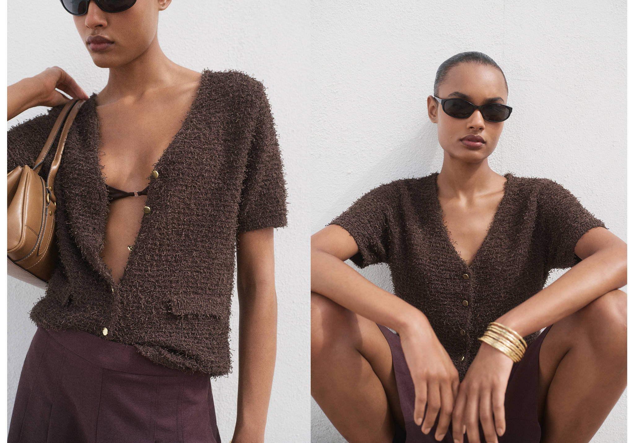 Short-sleeved bouclé cardigan - Panoramic plane