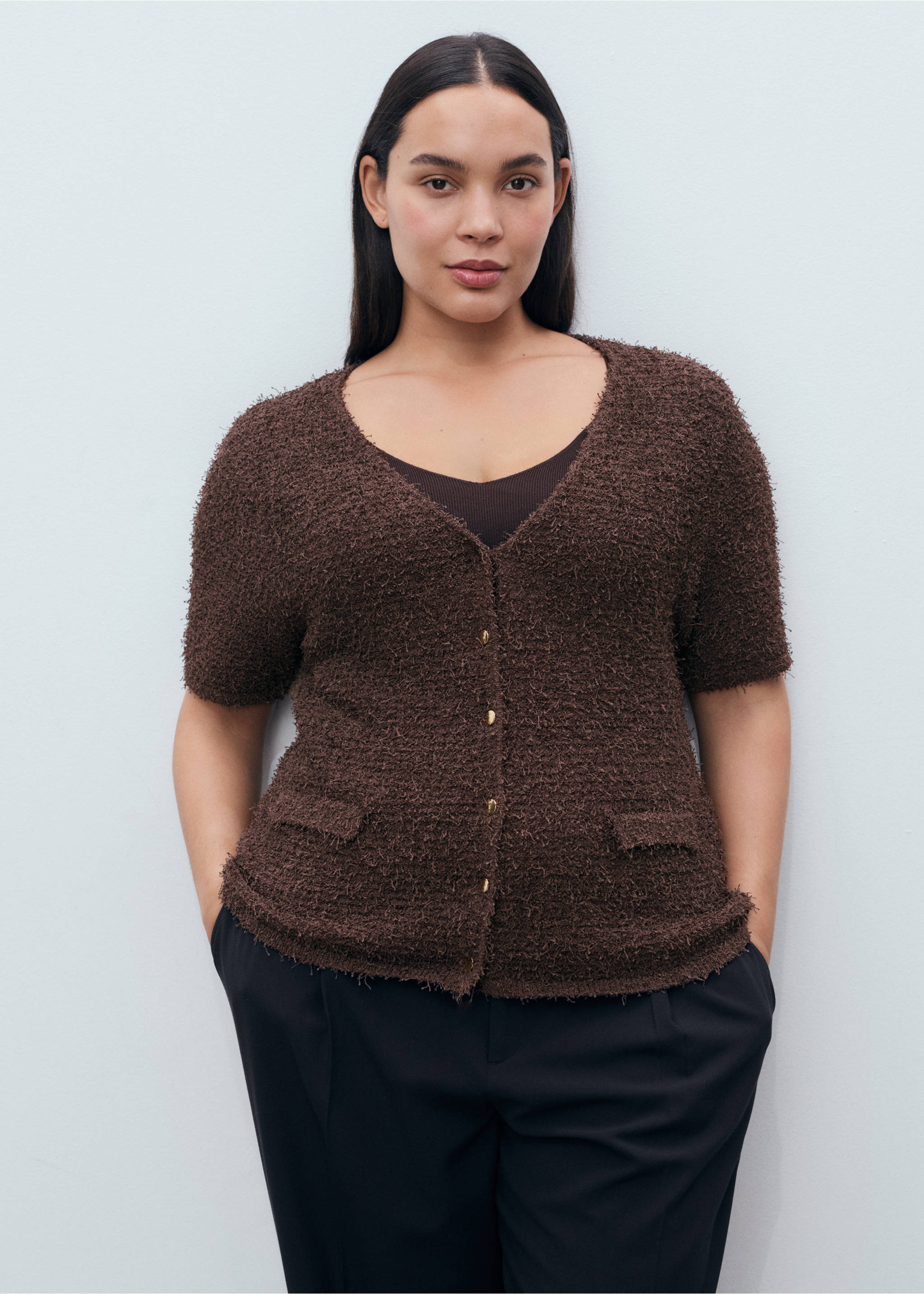 Short-sleeved bouclé cardigan - Details of the article 5, Chocolate. Ref: 17052903-00.