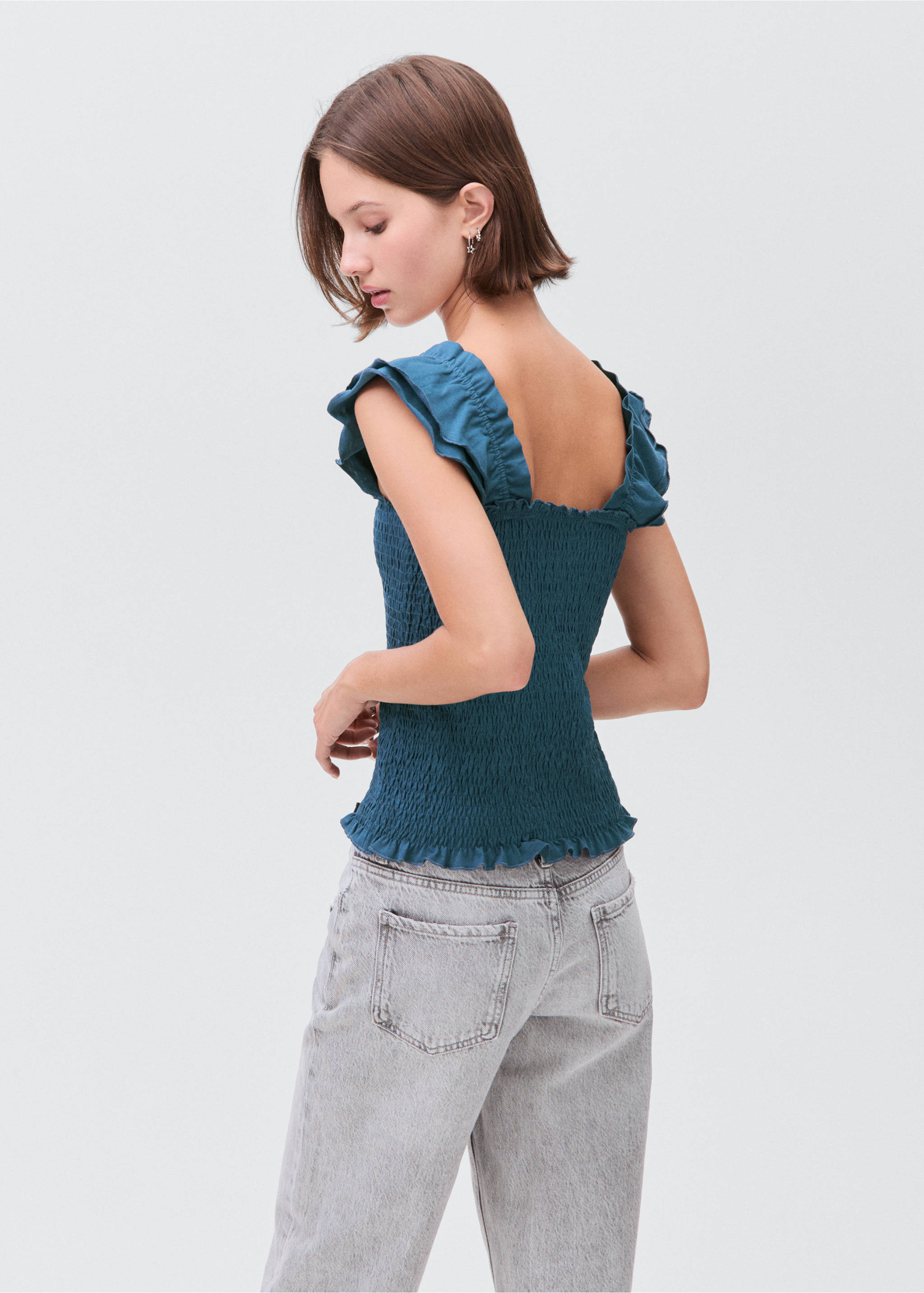 Frilly ruffled top - Reverse of the article, Petrol Blue. Ref: 17052906-00.