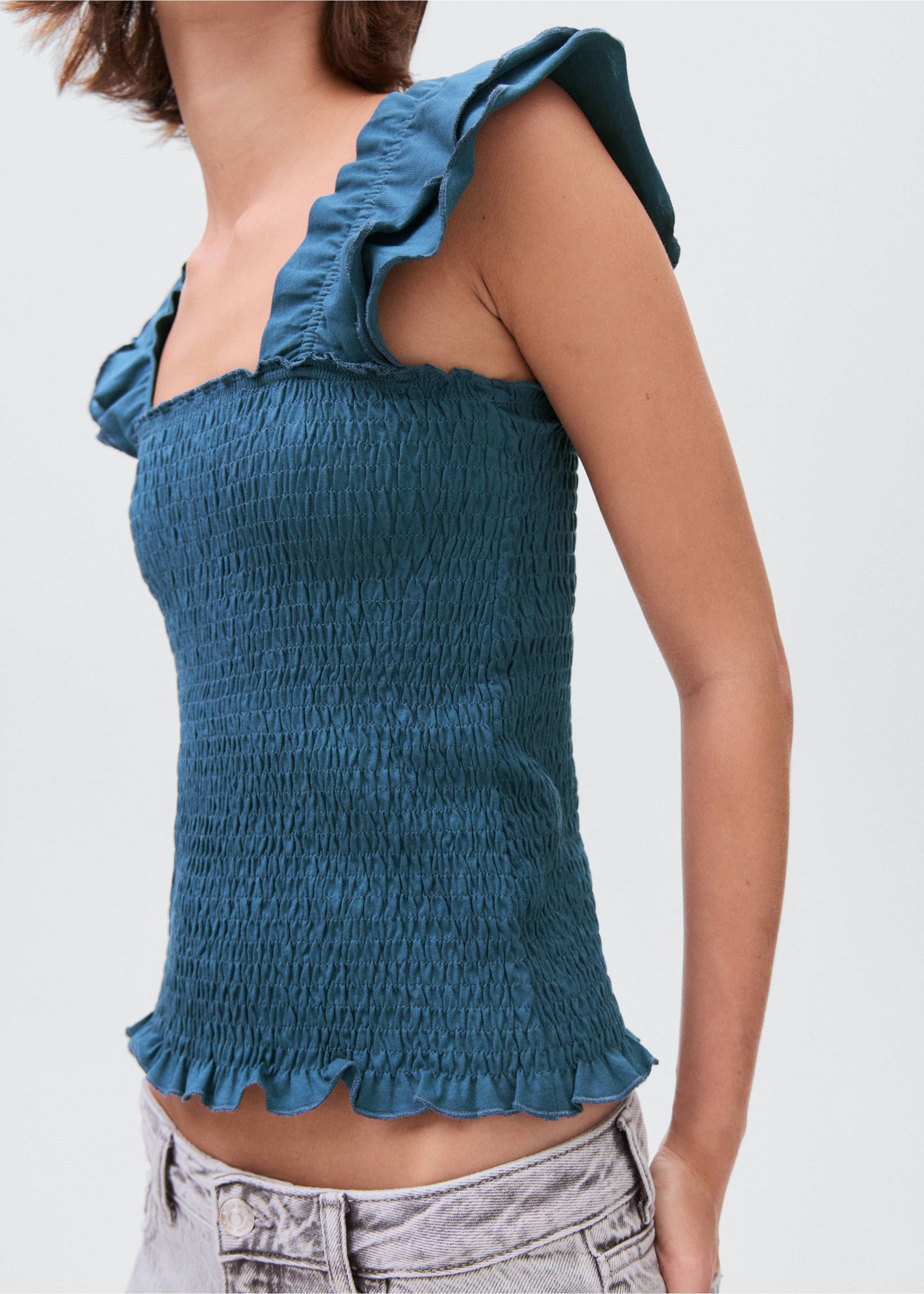 Frilly ruffled top - Details of the article 3, Petrol Blue. Ref: 17052906-00.