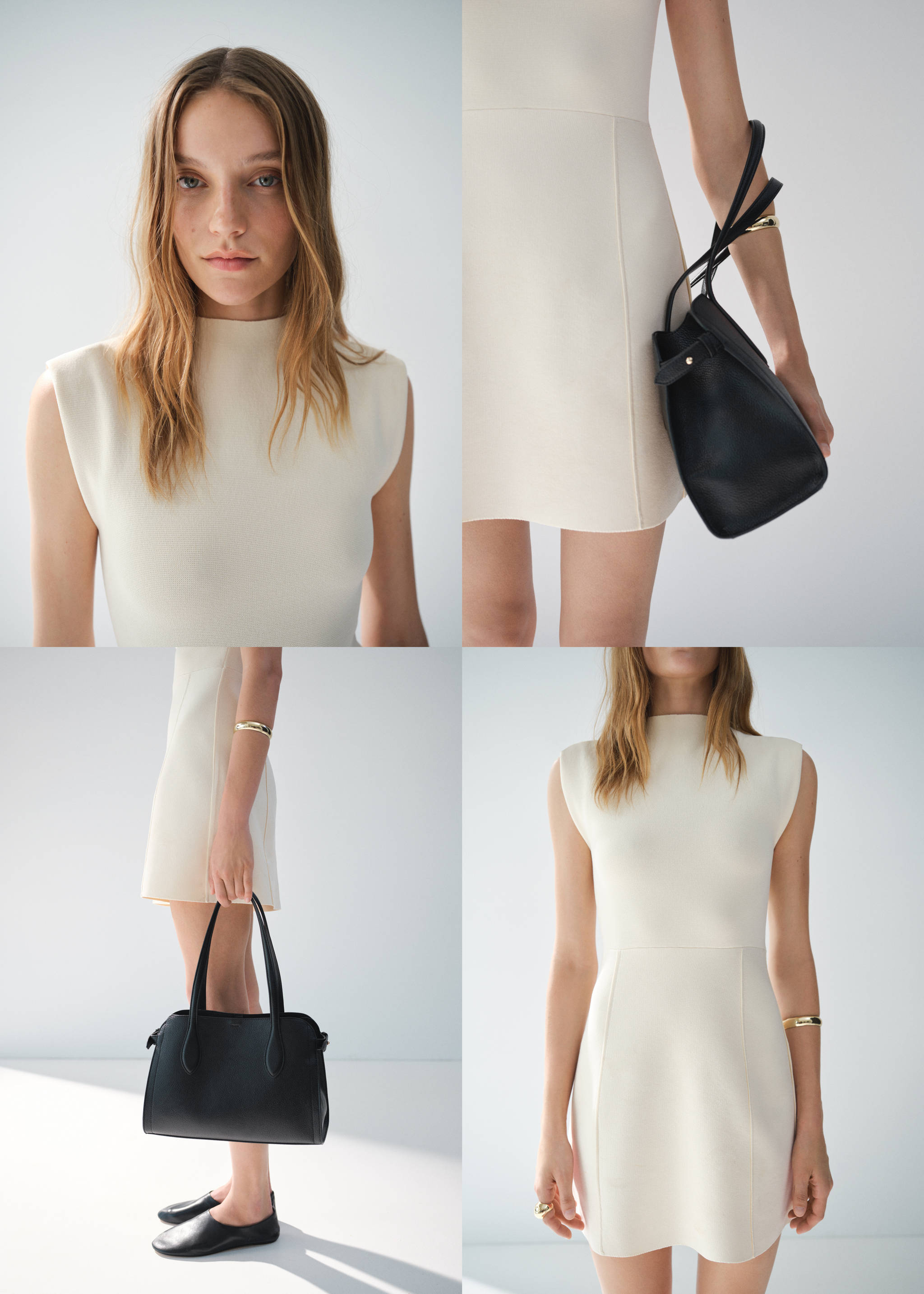 Flared knit dress with perkins collar - Details of the article 3, Ecru. Ref: 17052927-00.