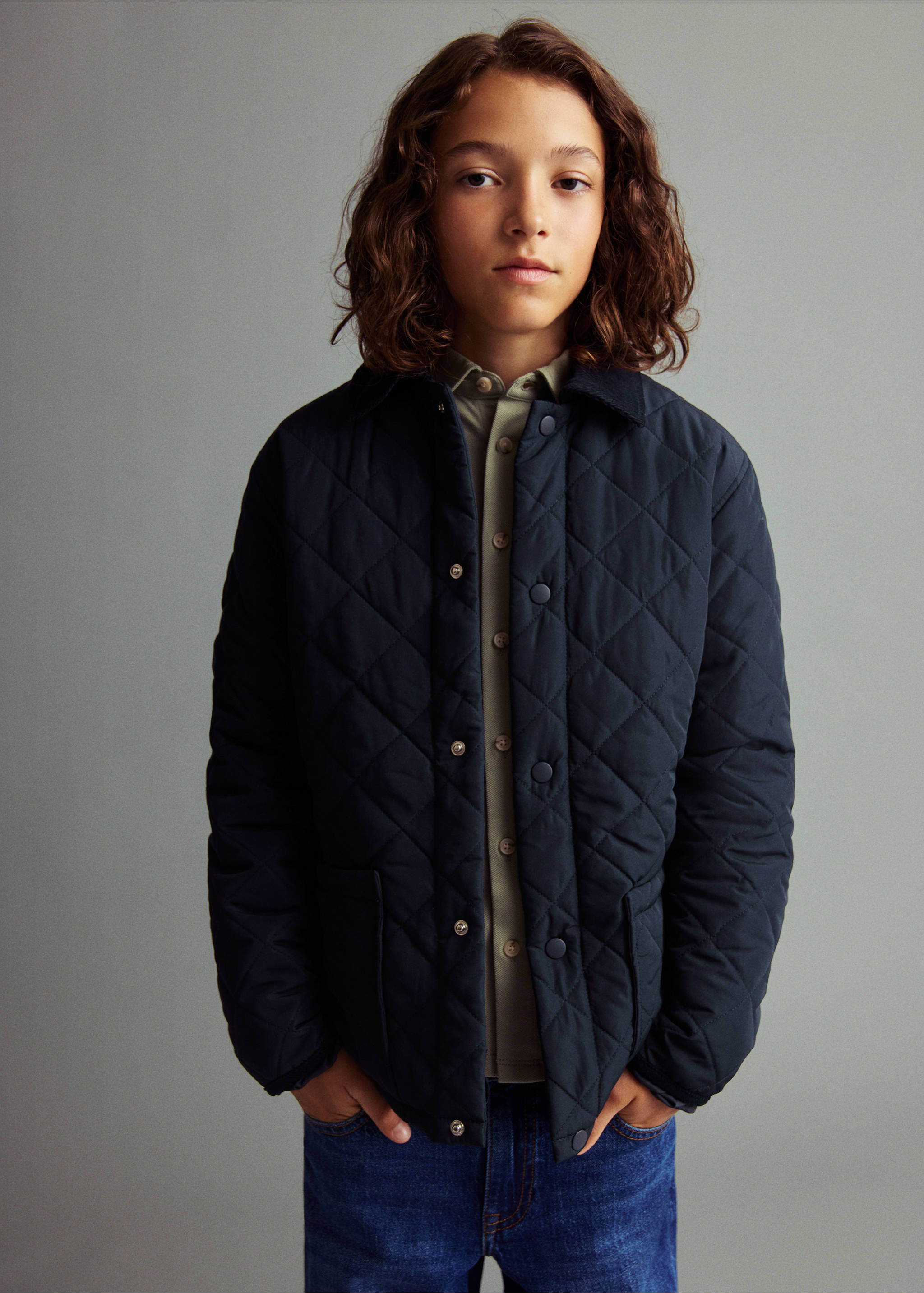 Anorak acolchado cuello camisero - Plano medio, Azul marino. Ref: 17053273-00.
