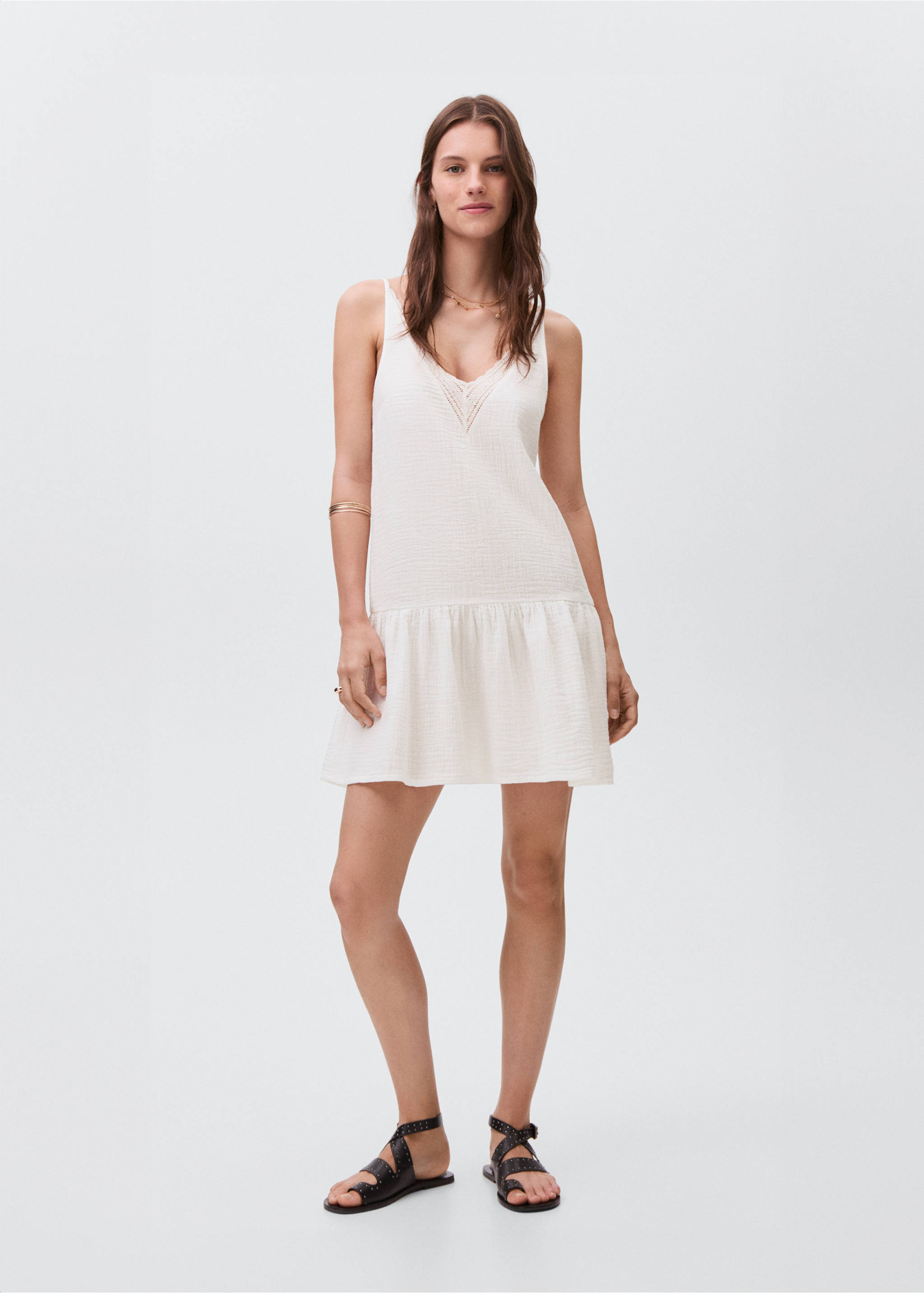 Dress with lace flounces - General plane, Off White. Ref: 17053276-00.