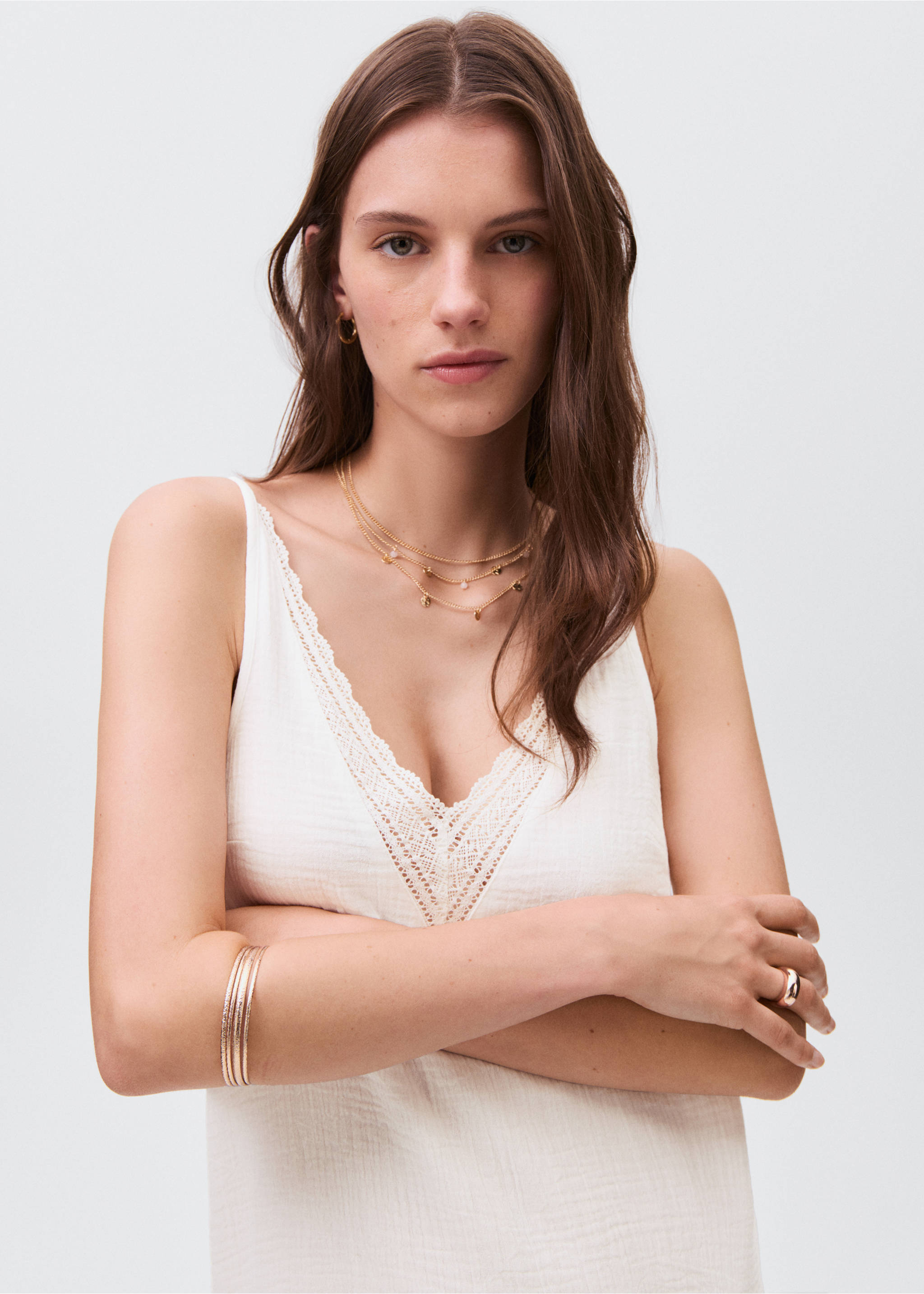 Dress with lace flounces - Details of the article 1, Off White. Ref: 17053276-00.