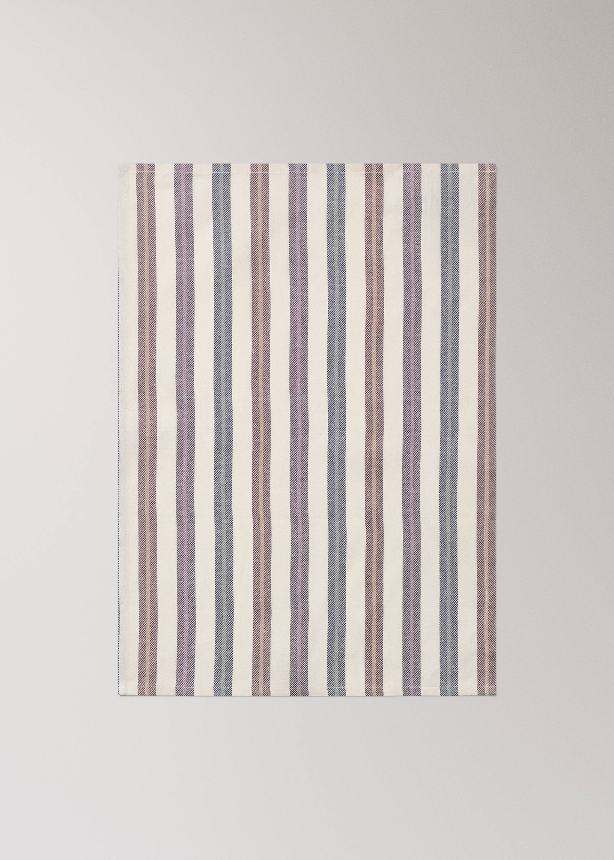 Kitchen towel with a vertical striped pattern in soft purple, blue, and brown.