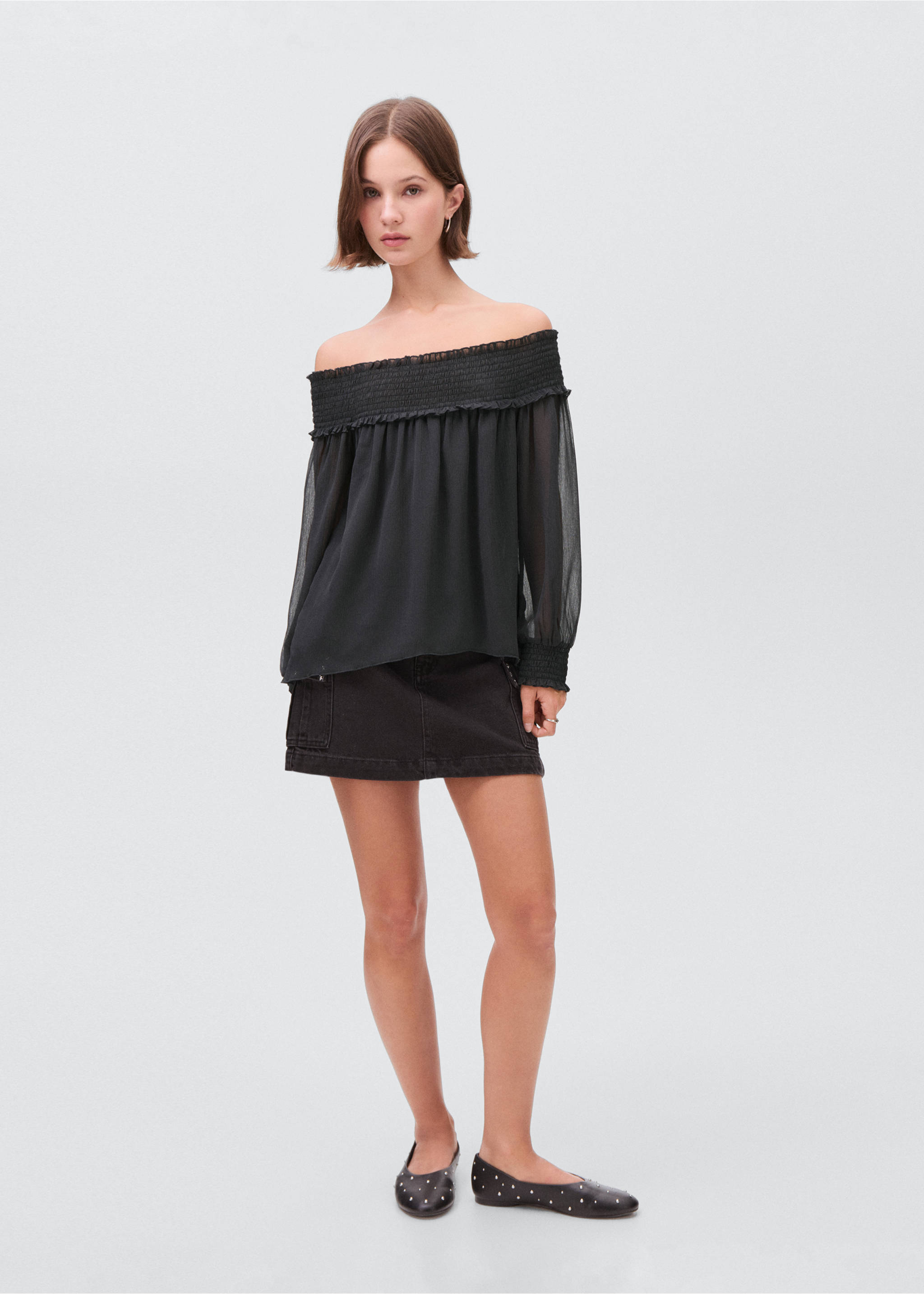 Strapless blouse with ruffled panel - General plane, Charcoal. Ref: 17054078-00.
