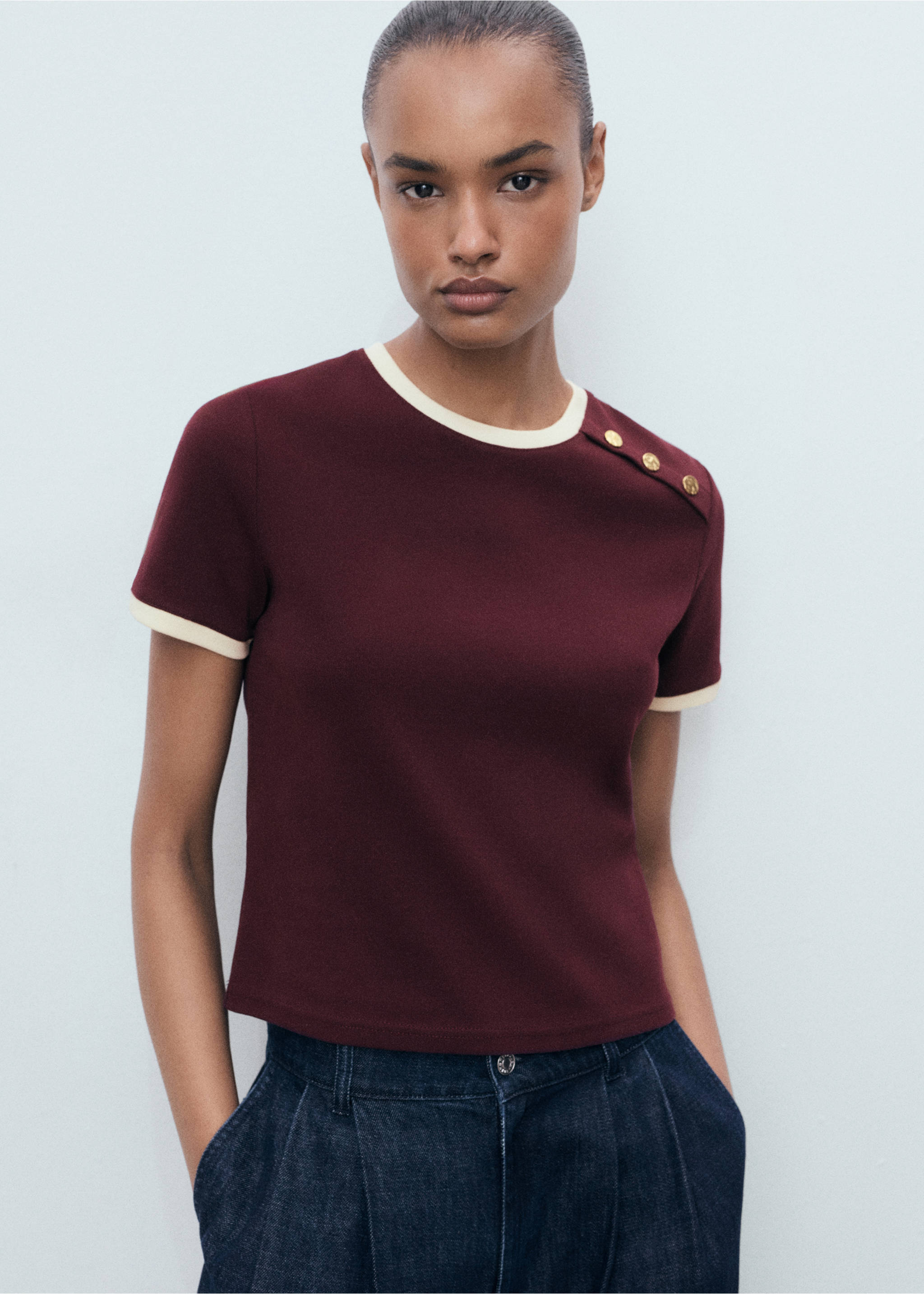 Camiseta algodón botones - Plano medio, Burdeos. Ref: 17054084-00.