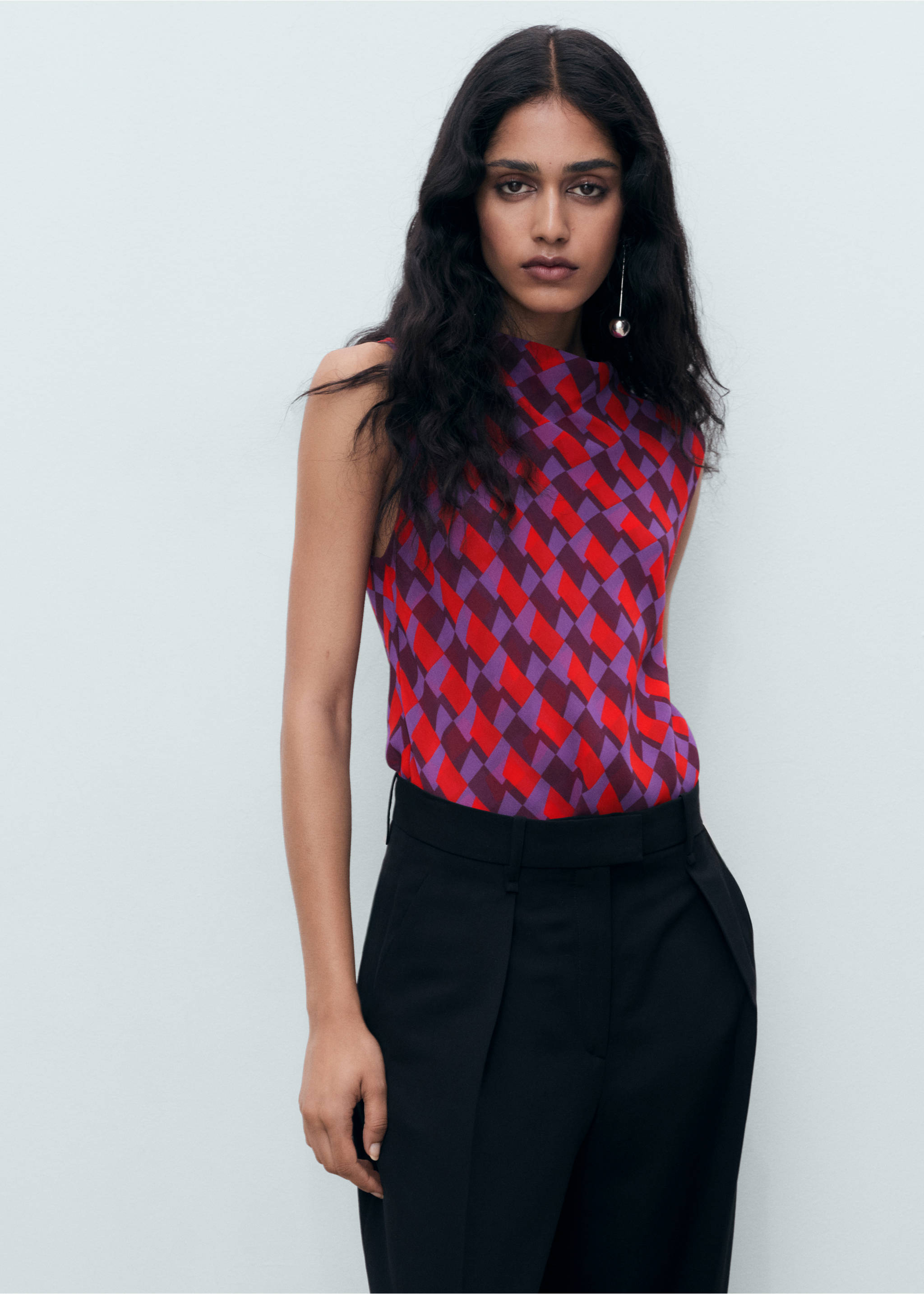 Printed blouse with draped collar - Medium plane, Violet. Ref: 17054085-00.