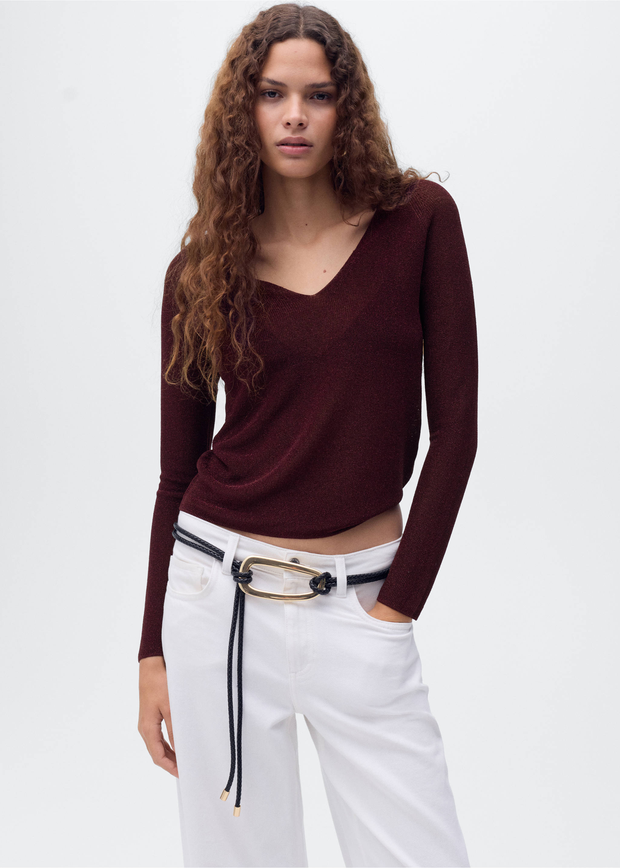 V-neck lurex sweater - Medium plane, Wine. Ref: 17054091-00.