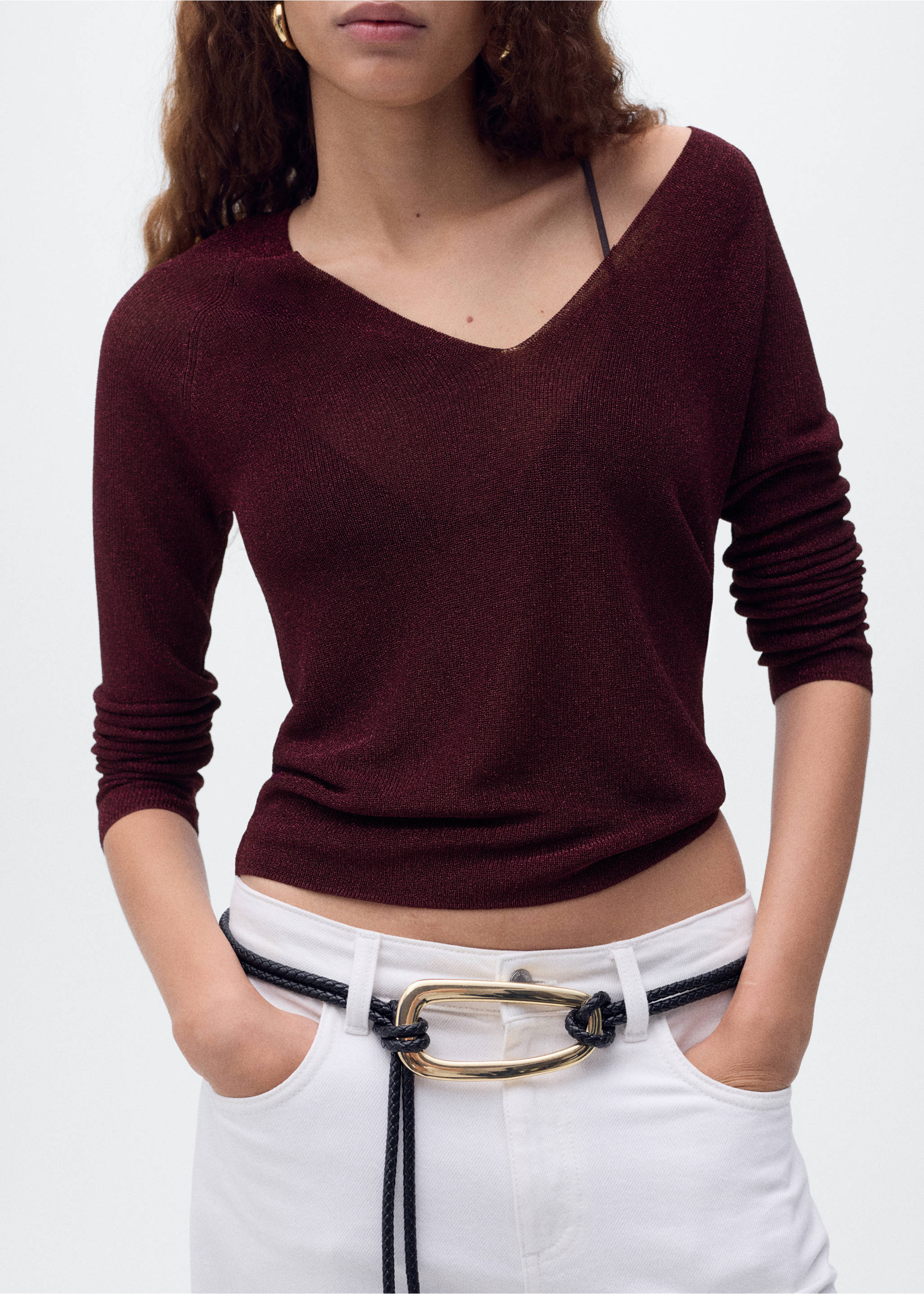 V-neck lurex sweater - Details of the article 6, Wine. Ref: 17054091-00.