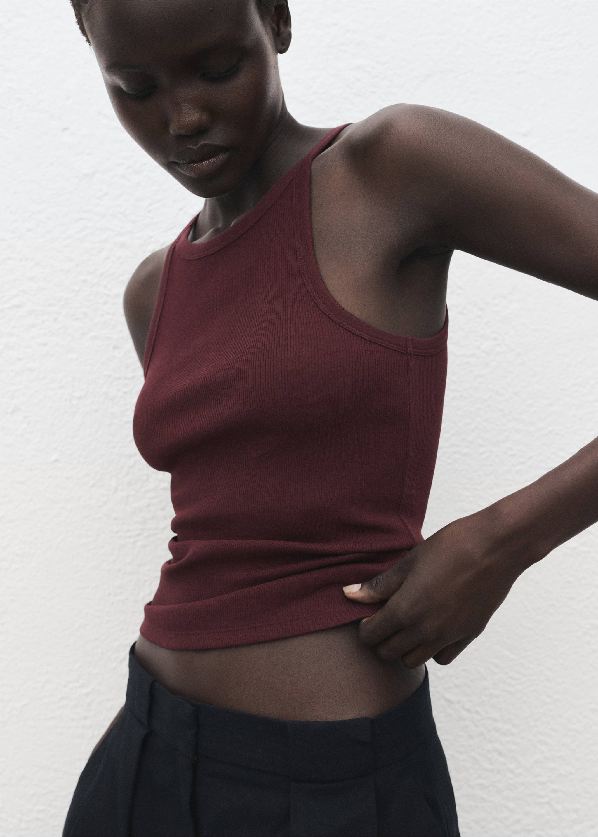 Ribbed cotton-blend top - Medium plane, Burgundy. Ref: 17054096-00.
