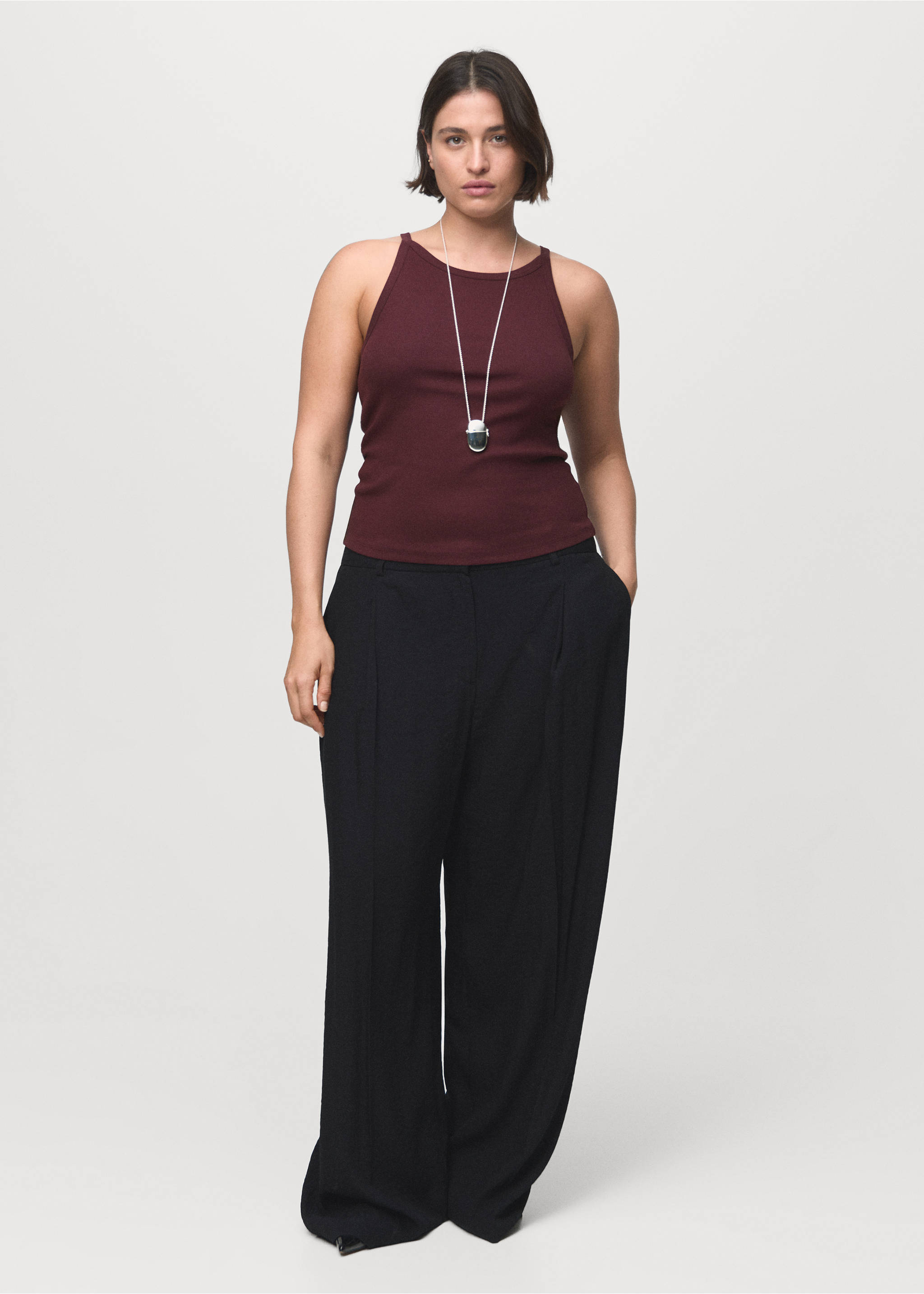 Ribbed cotton-blend top - Details of the article 3, Burgundy. Ref: 17054096-00.