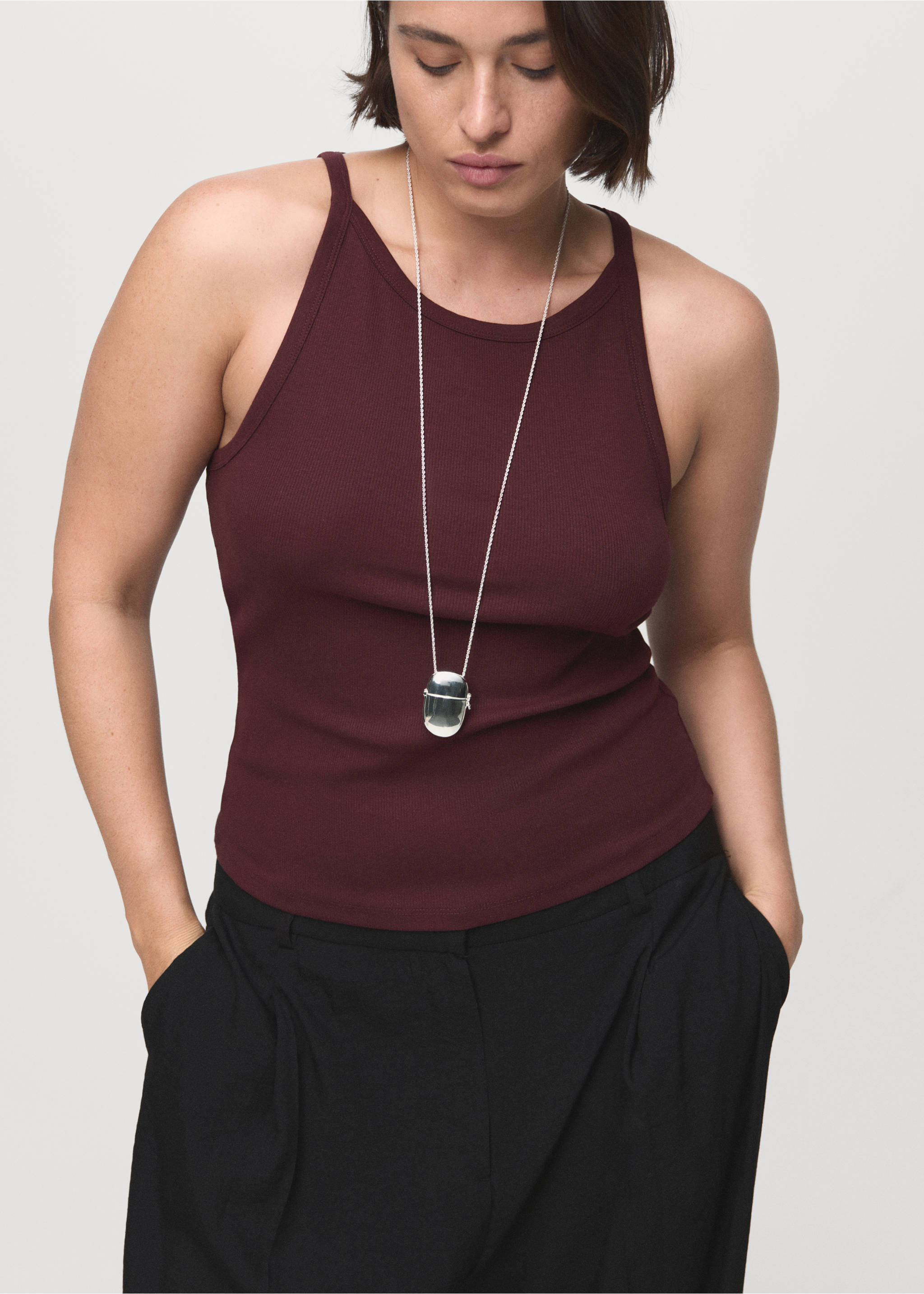 Ribbed cotton-blend top - Details of the article 5, Burgundy. Ref: 17054096-00.