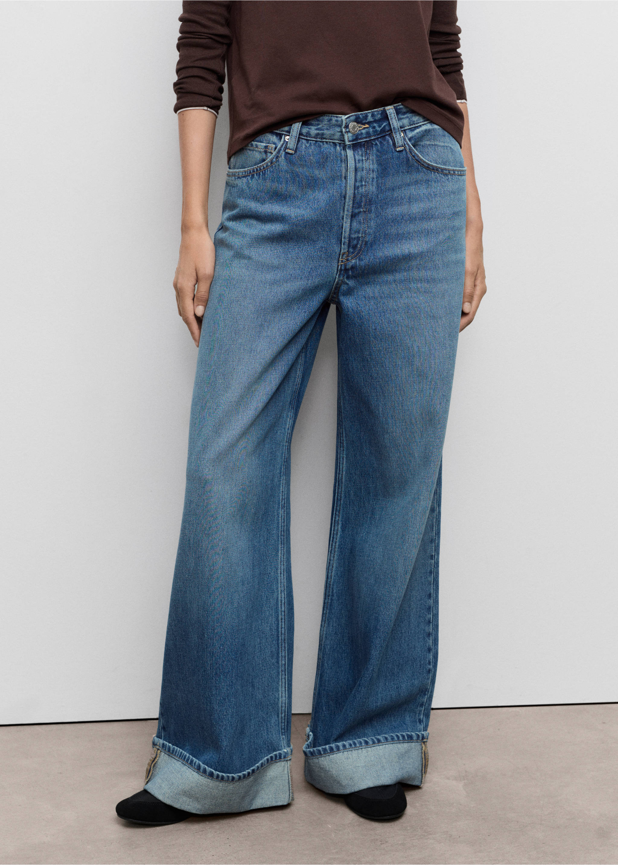Wide leg jeans with turn-up hem - Medium plane, Medium Blue. Ref: 17054099-00.