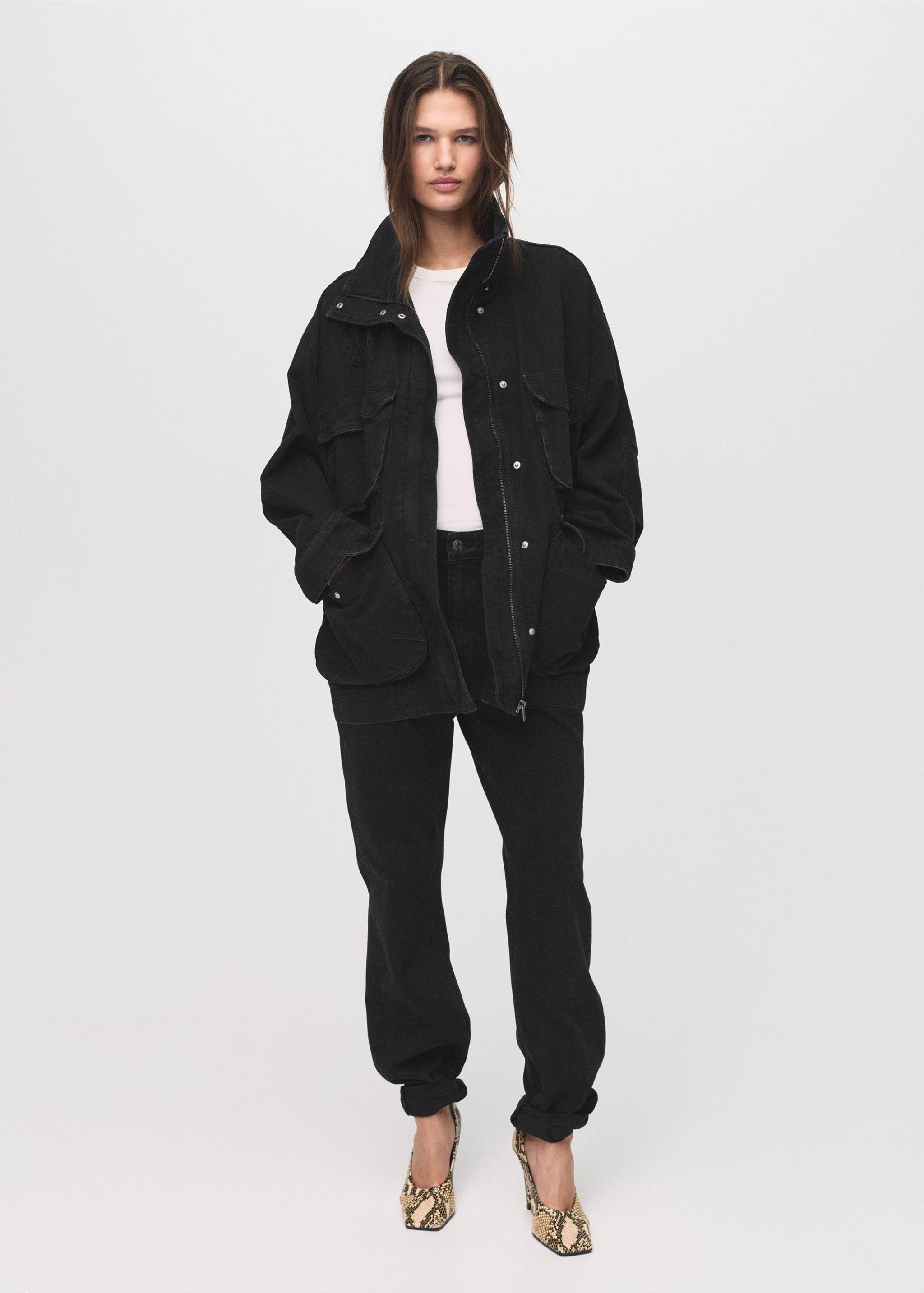 Oversized denim parka with pockets - General plane, Black denim. Ref: 17054141-00.