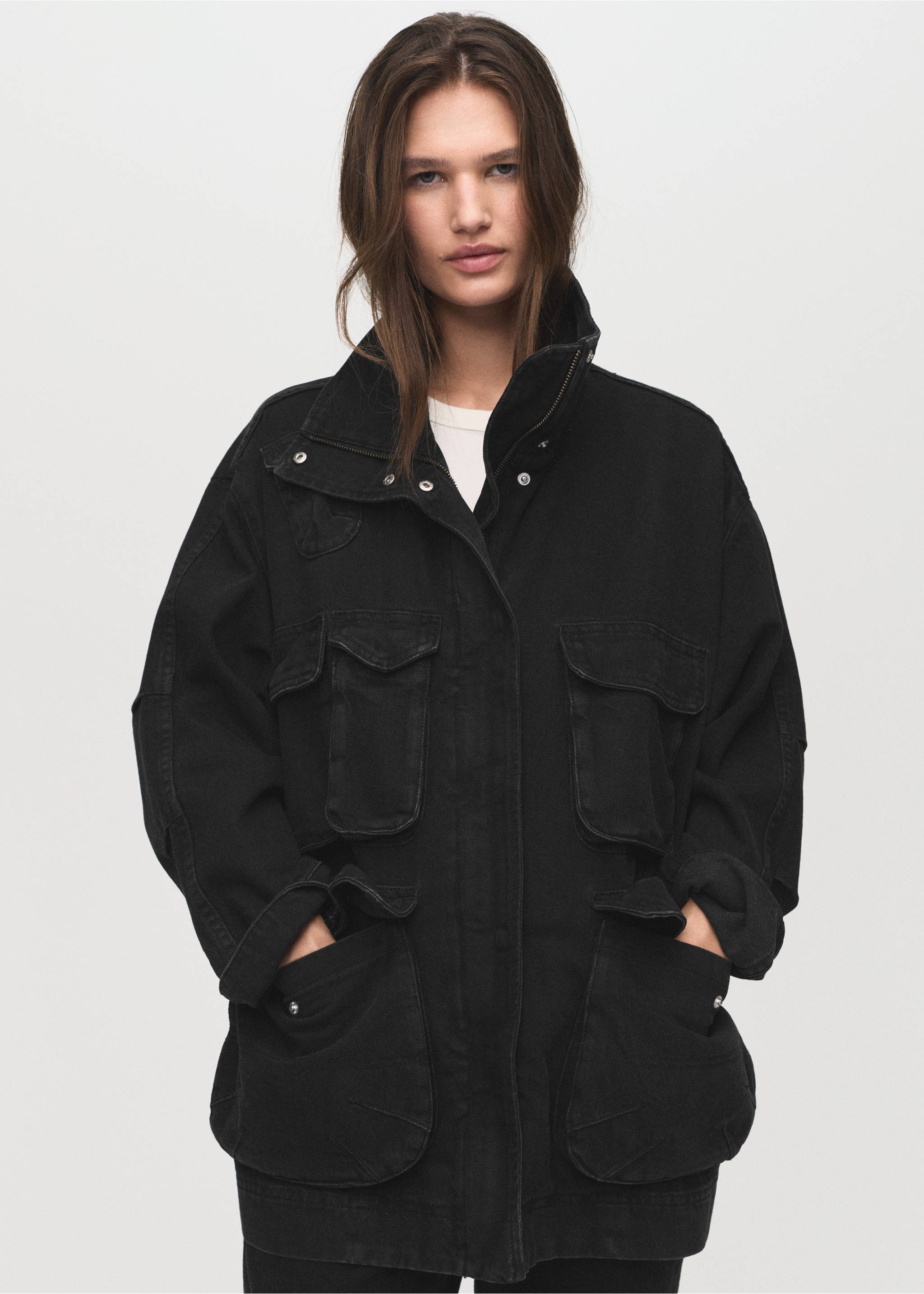 Oversized denim parka with pockets - Medium plane, Black denim. Ref: 17054141-00.