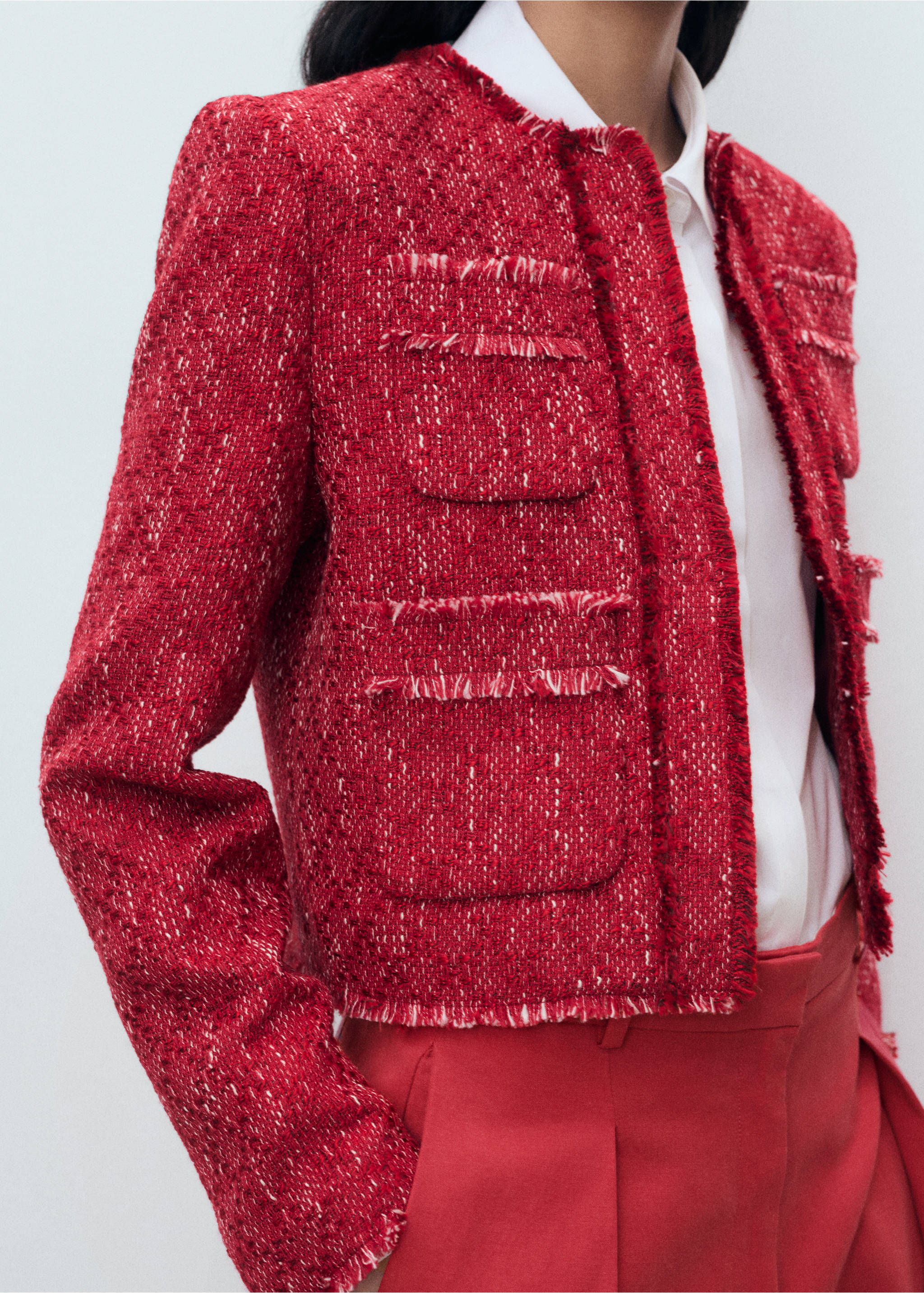 Tweed jacket with frayed ends - Medium plane, Red. Ref: 17054147-00.