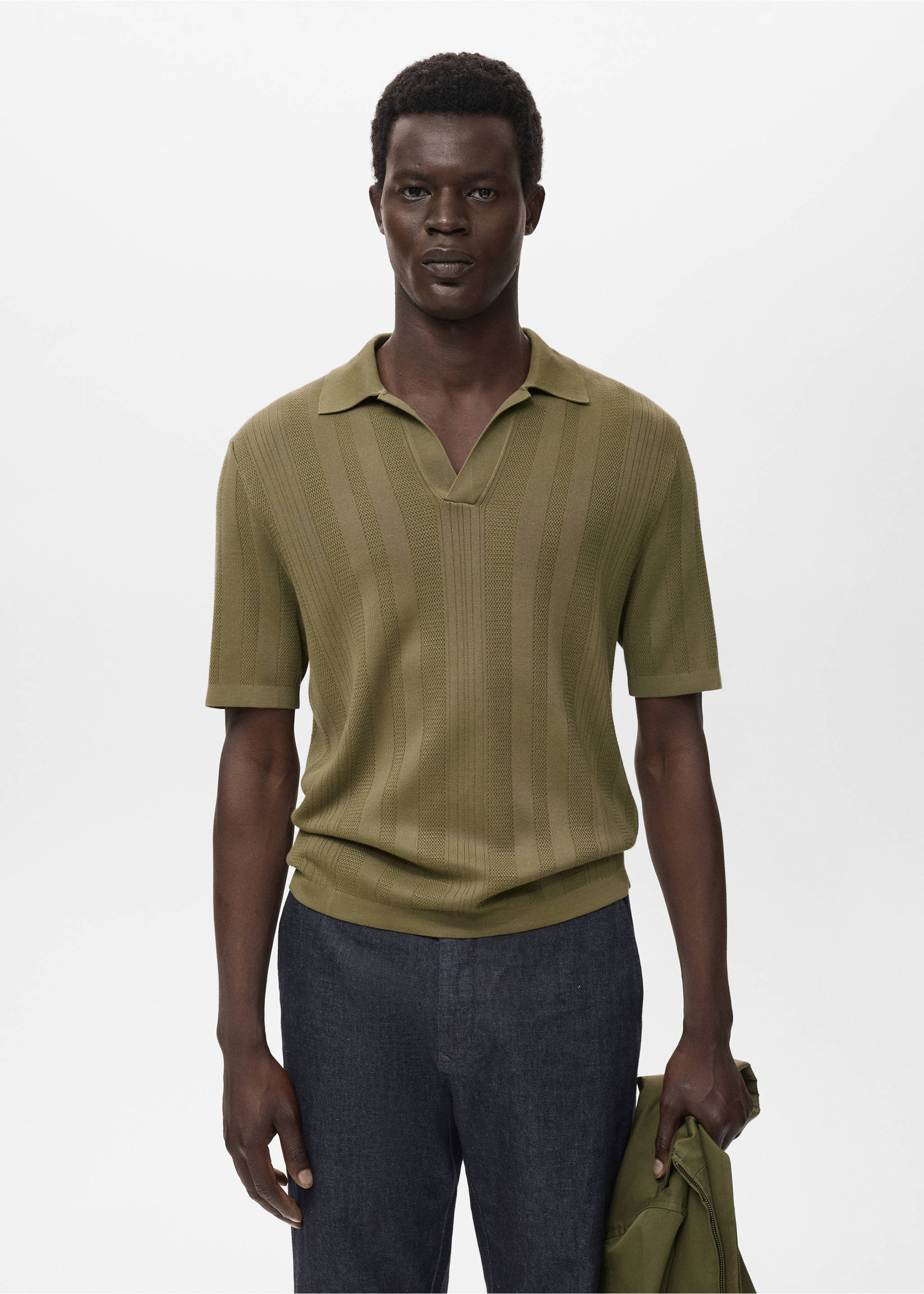 Ribbed knit polo shirt - Medium plane, Khaki. Ref: 17054424-00.