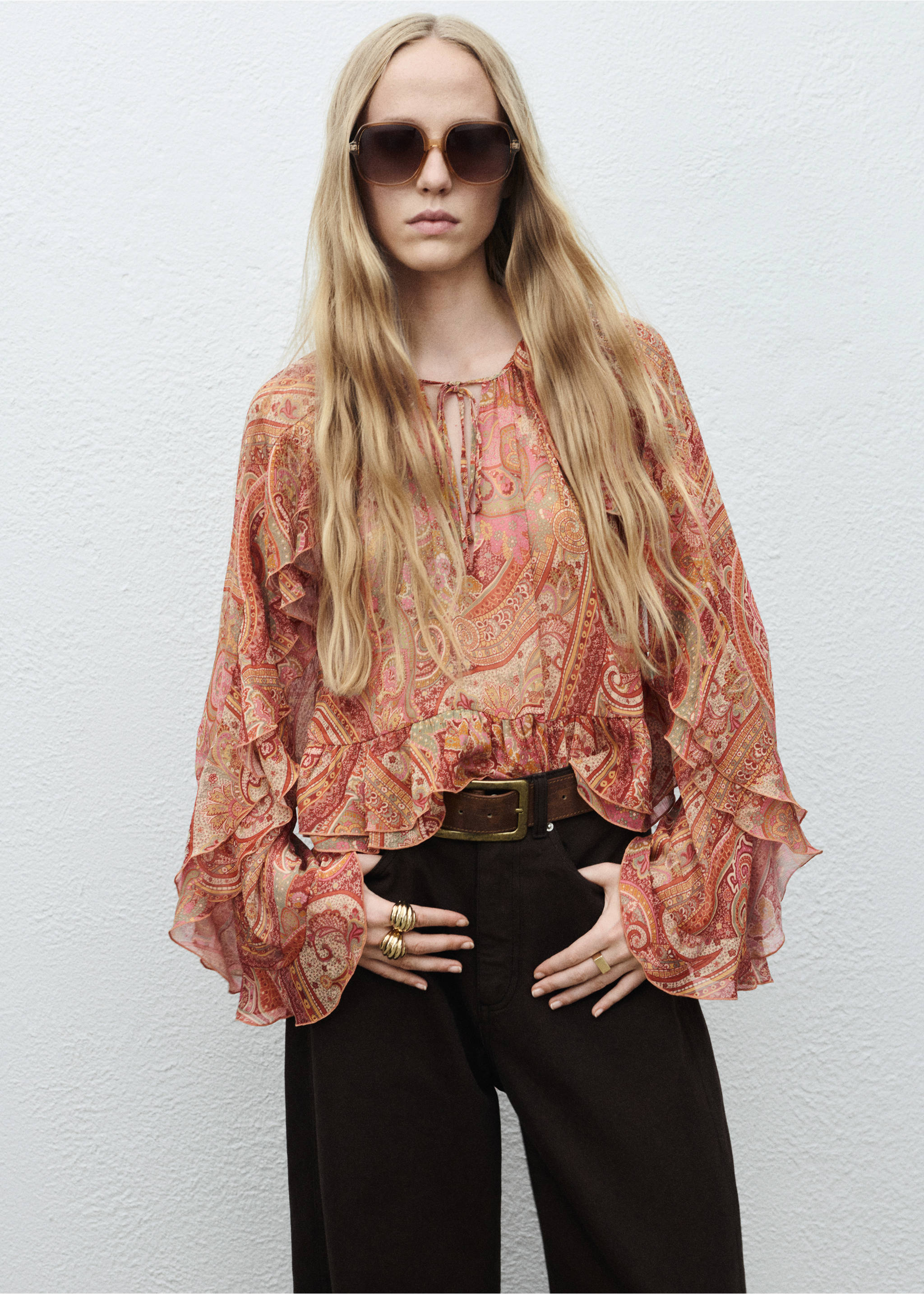 Ruffles printed blouse - Medium plane, Brown. Ref: 17054448-00.
