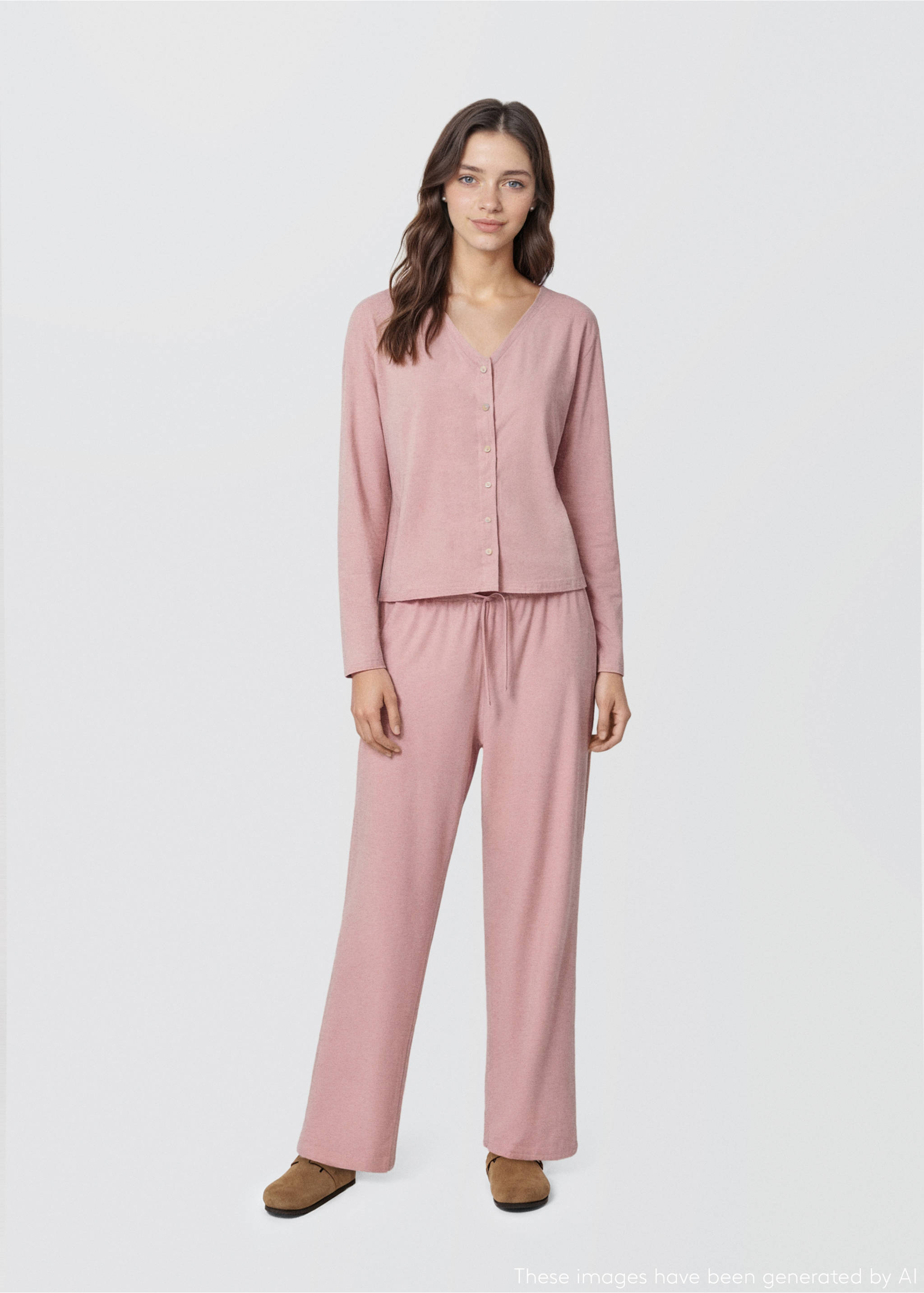 Pink pyjama set with a V-neck button-down top and trousers., Pastel Pink. Ref: 17054776-00.