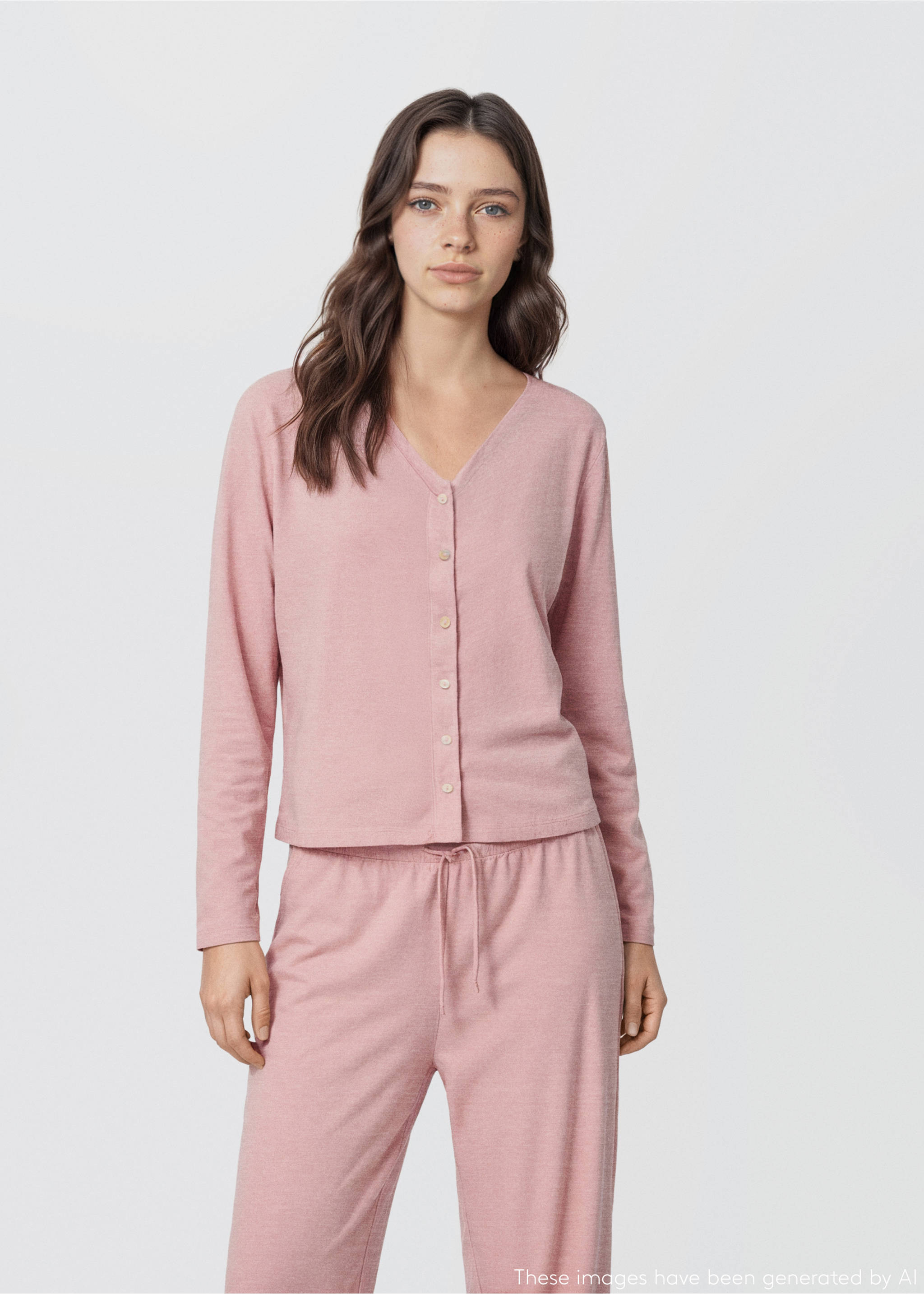 Pink long-sleeved button-up pyjama set with a V-neck top and trousers., Pastel Pink. Ref: 17054776-00.