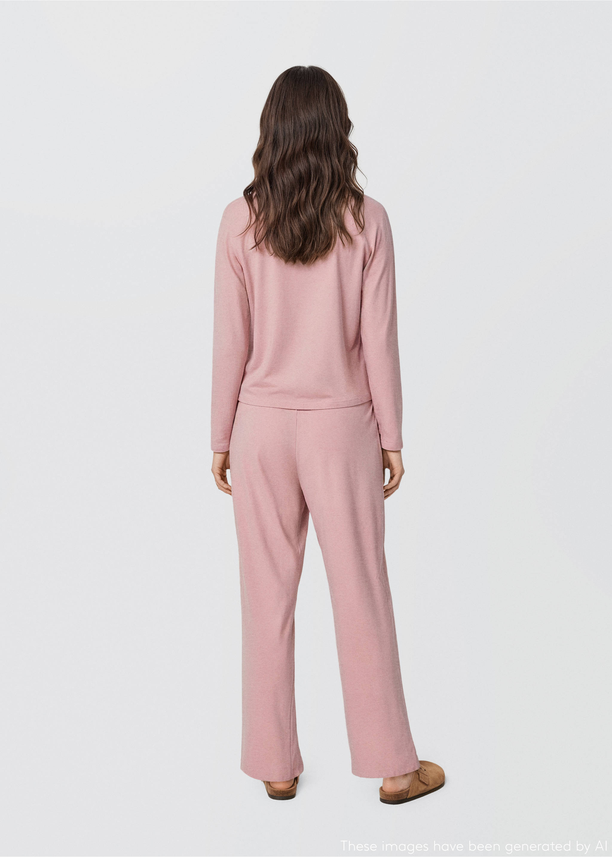 Pink pyjama set with long sleeves and trousers, back view., Pastel Pink. Ref: 17054776-00.