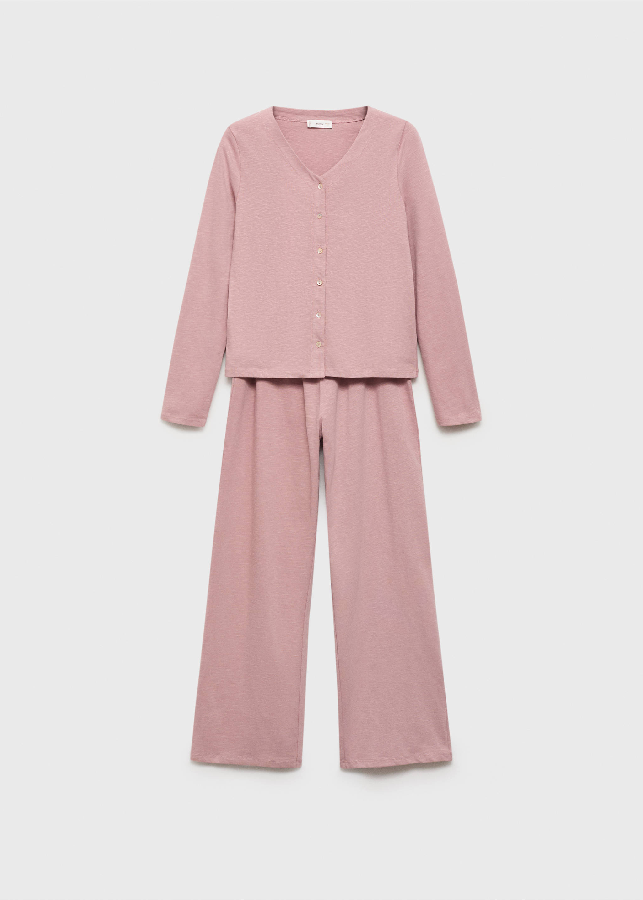 Pink children's pyjama set featuring a button-up long-sleeve top and matching trousers., Pastel Pink. Ref: 17054776-00.