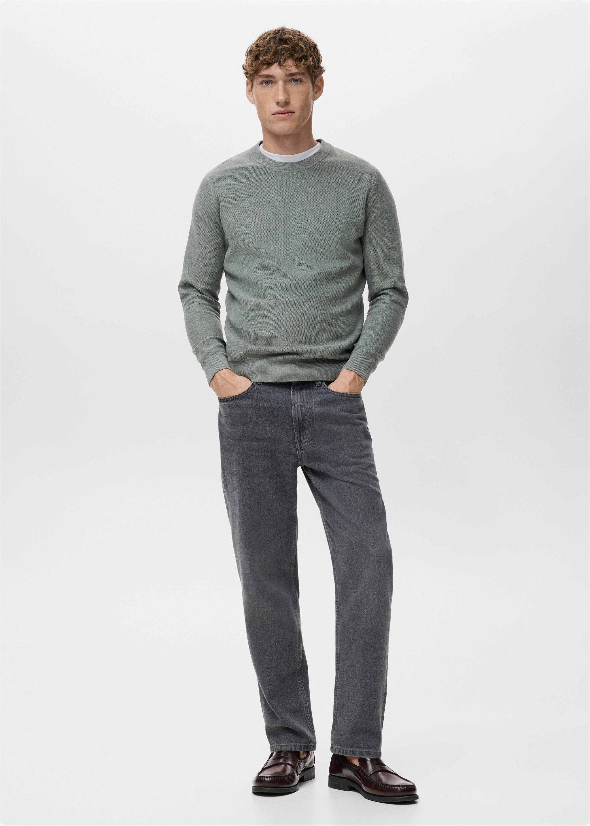 Microstructured cotton knitted sweater - General plane, Forest Green. Ref: 17055145-00.