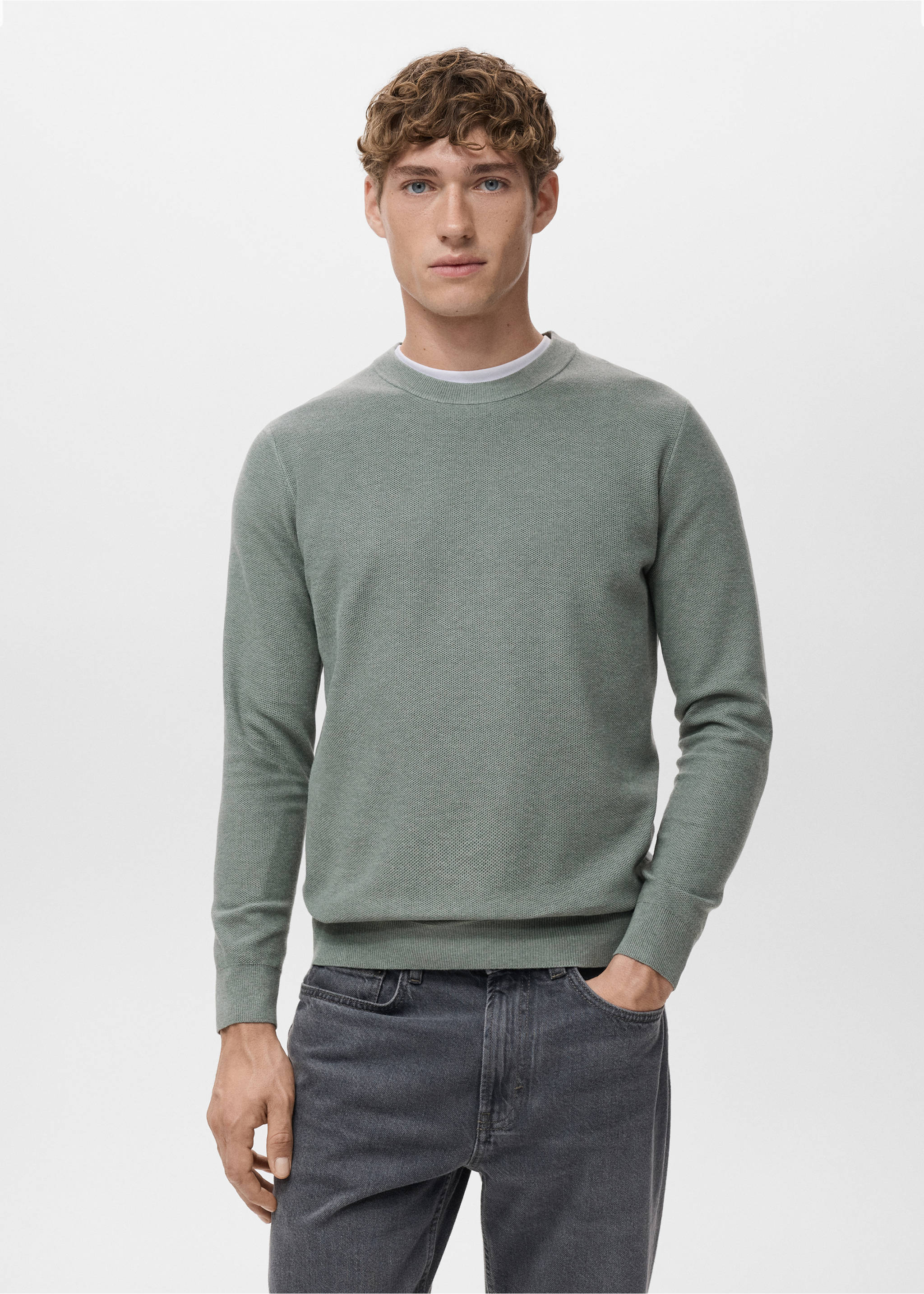 Microstructured cotton knitted sweater - Medium plane, Forest Green. Ref: 17055145-00.