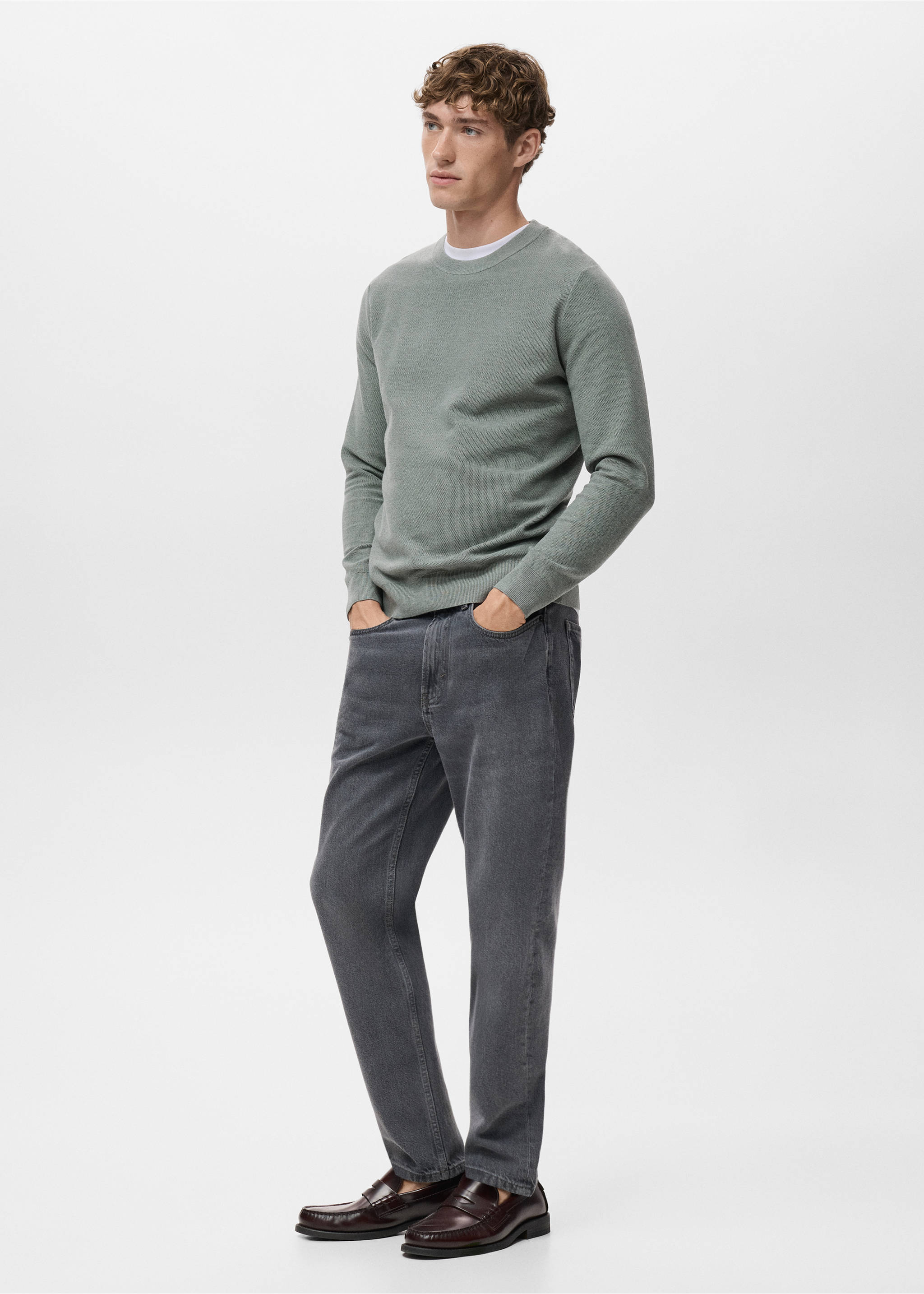 Microstructured cotton knitted sweater - Details of the article 2, Forest Green. Ref: 17055145-00.
