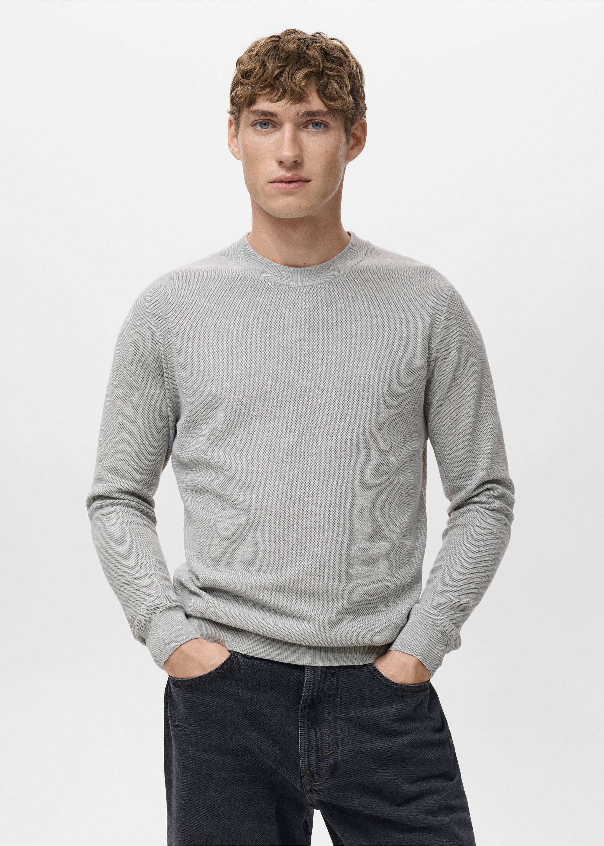 Microstructured cotton knitted sweater - Medium plane, Medium Heather Grey. Ref: 17055145-00.