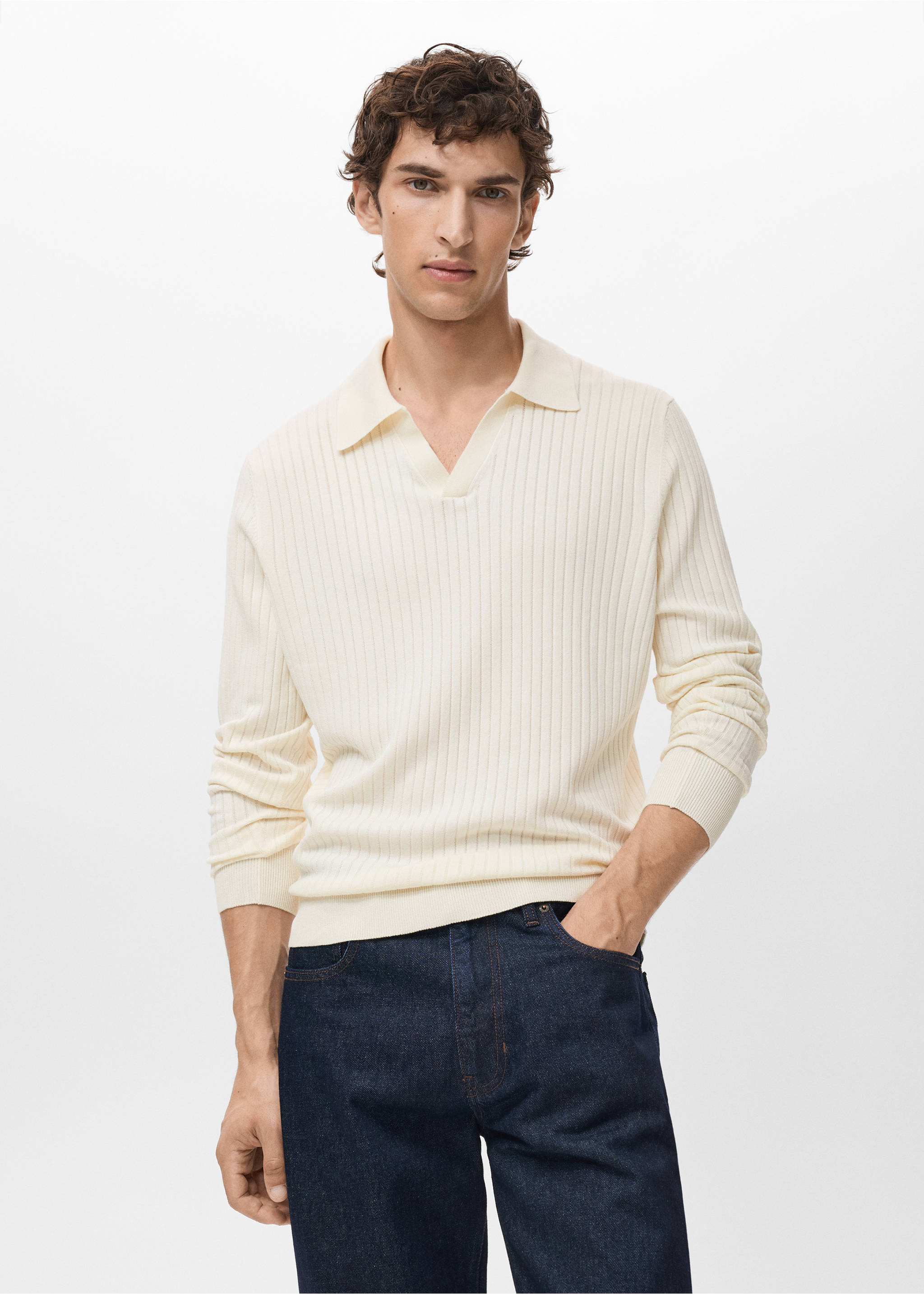 Ribbed knitted polo sweater - Medium plane, Off White. Ref: 17055150-00.