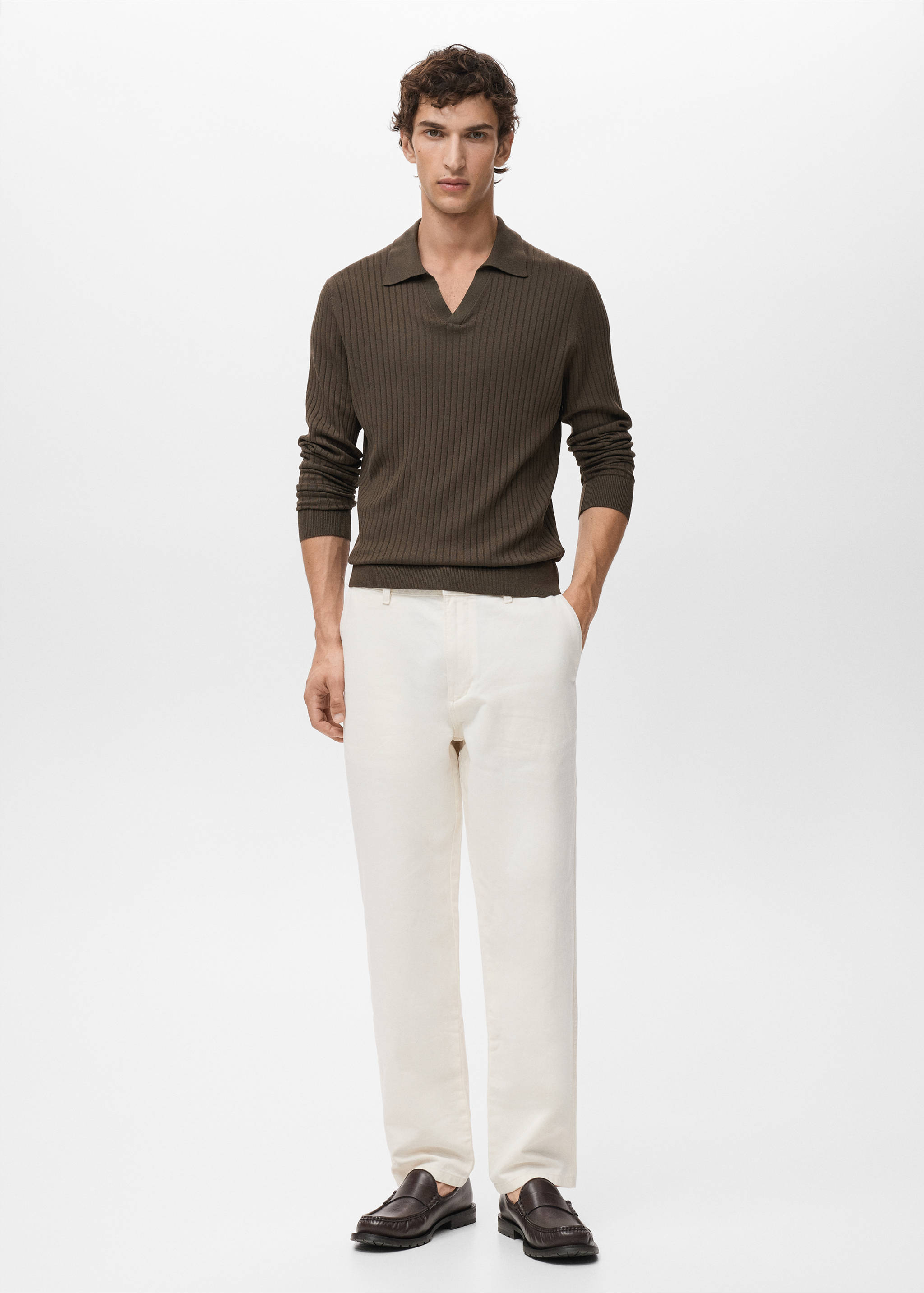 Ribbed knitted polo sweater - General plane, Khaki. Ref: 17055150-00.