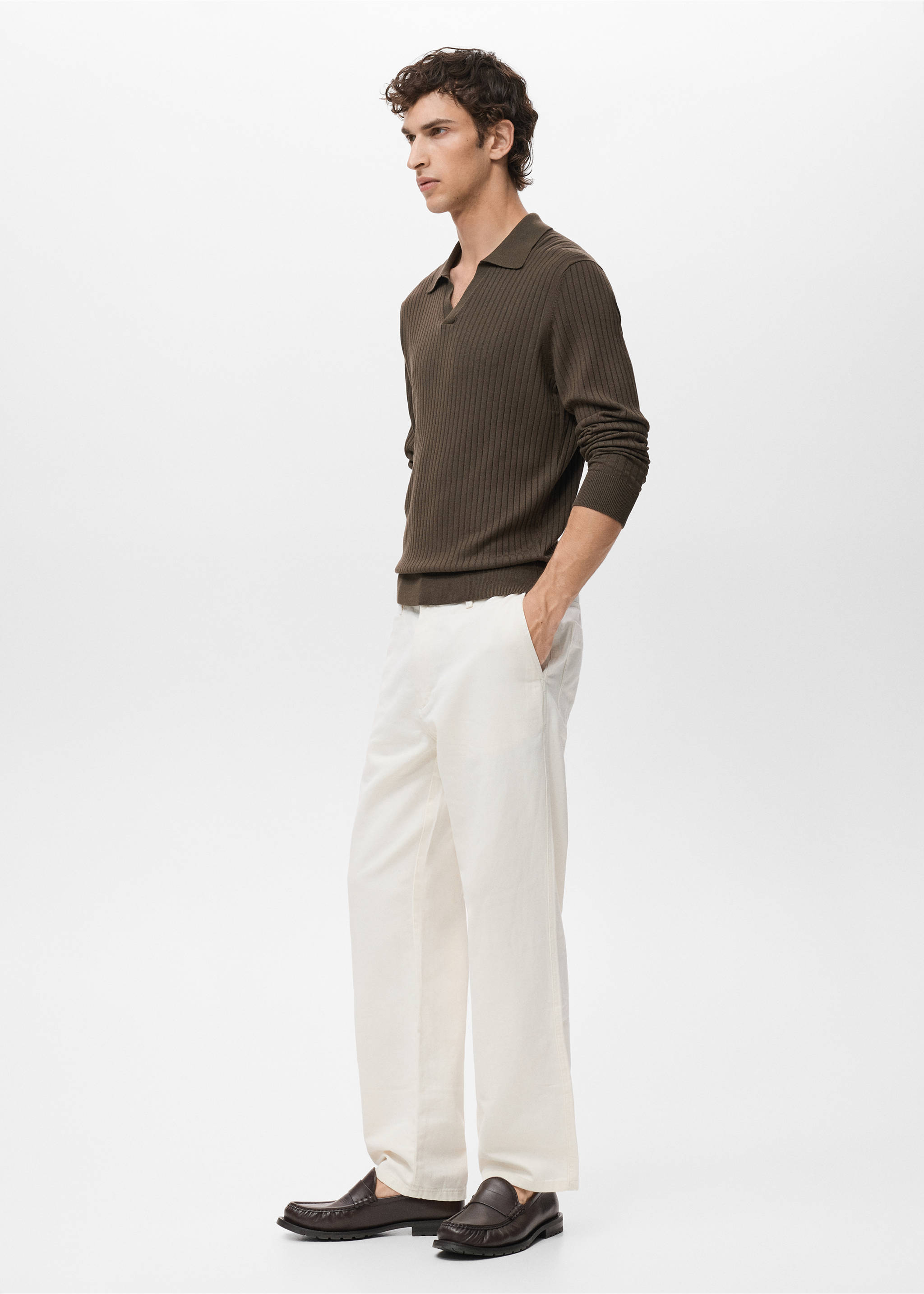 Ribbed knitted polo sweater - Details of the article 2, Khaki. Ref: 17055150-00.