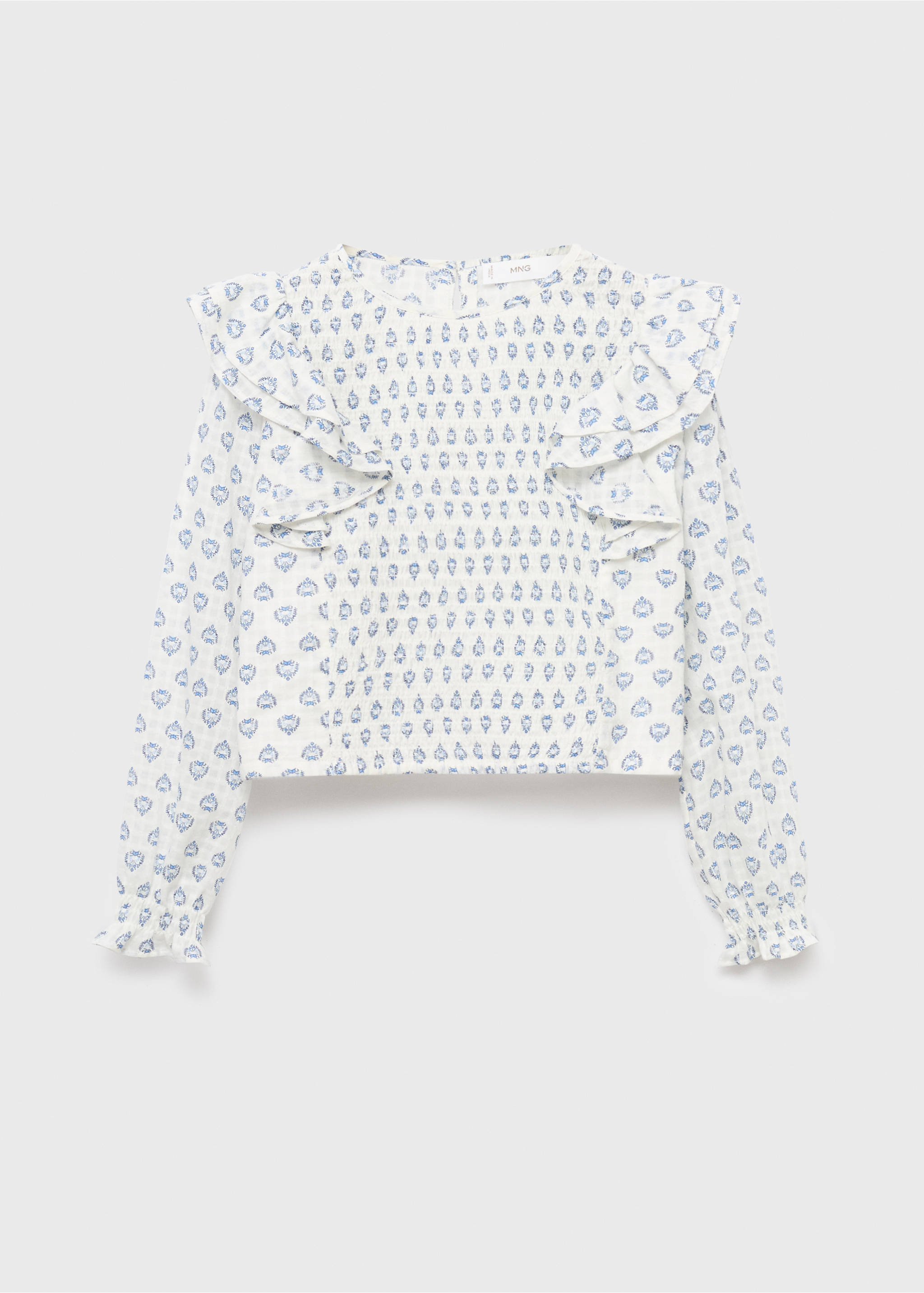 Mönstrad blus med volanger - Artikel utan modell, Rå. Ref: 17055152-00.