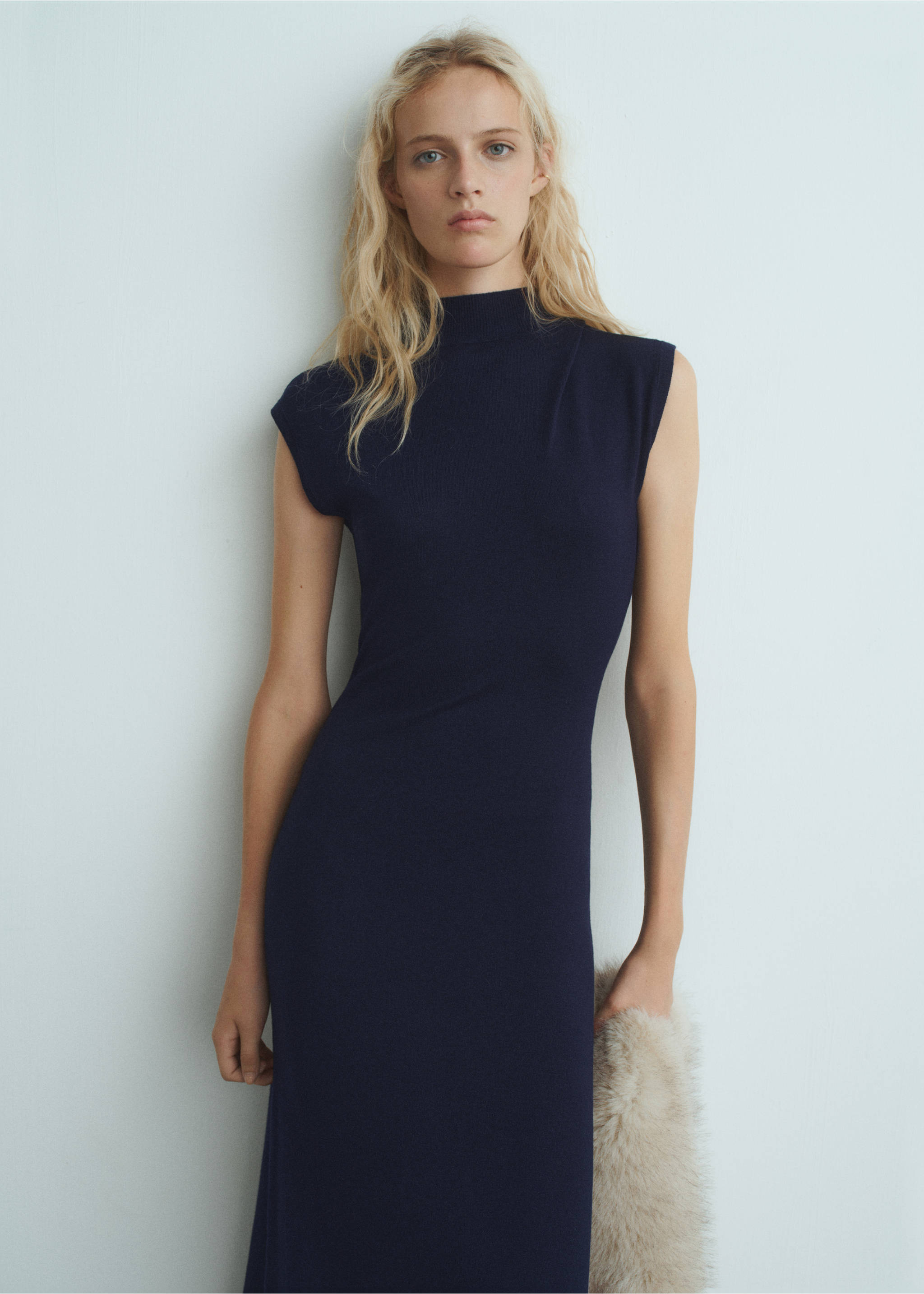 Perkins-neck knitted dress - Medium plane, Navy. Ref: 17055799-00.