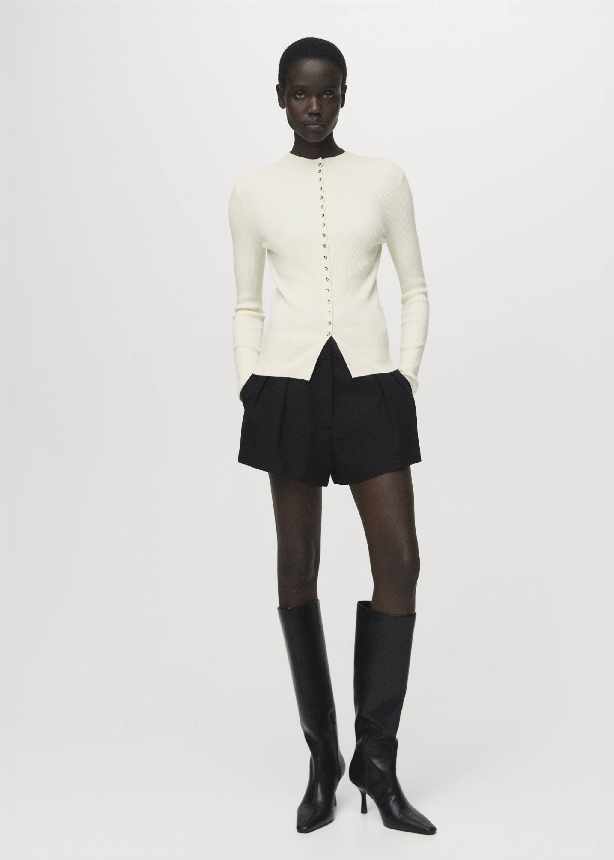 Fine rib knit cardigan - General plane, Ecru. Ref: 17055804-00.