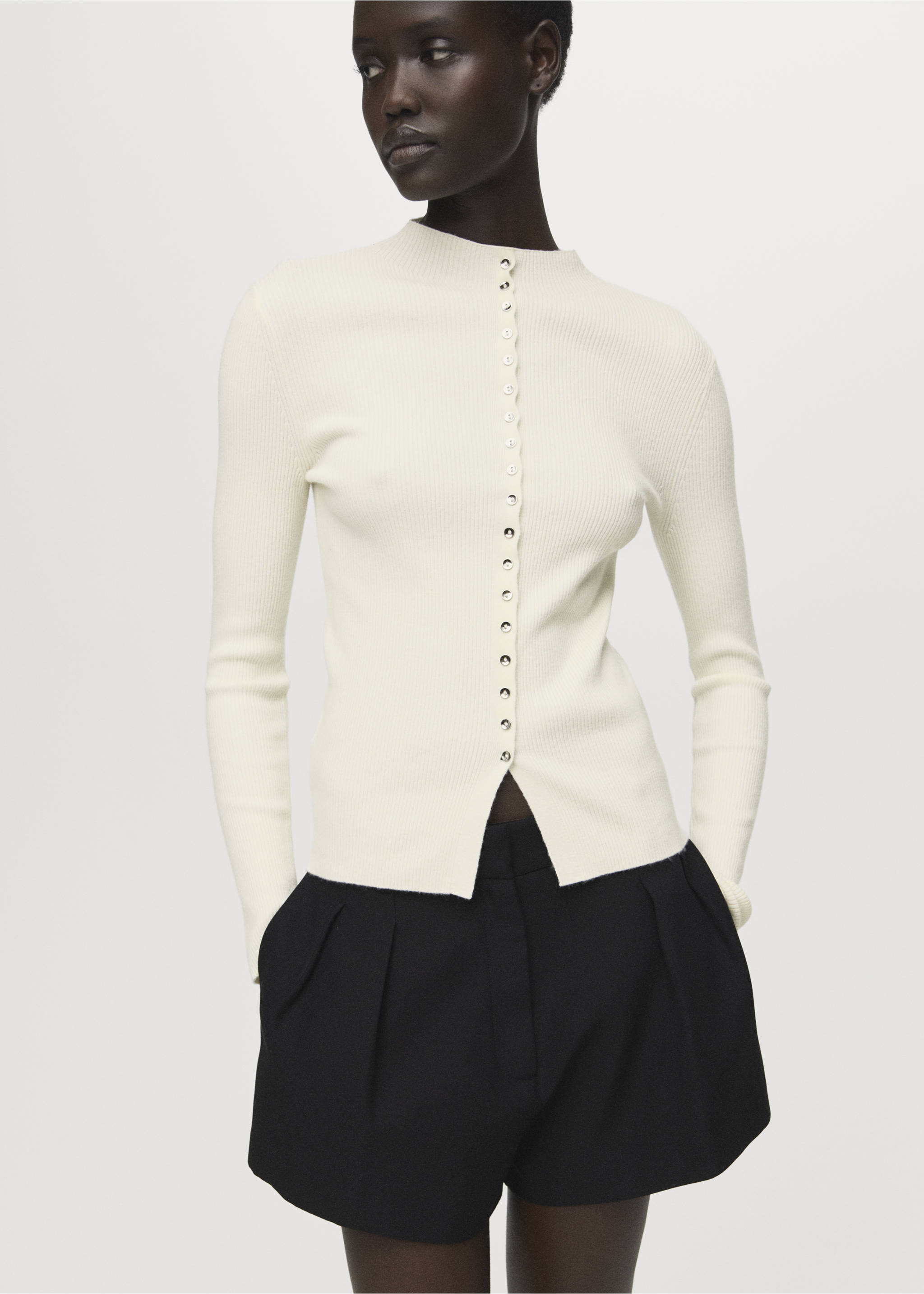 Fine rib knit cardigan - Medium plane, Ecru. Ref: 17055804-00.