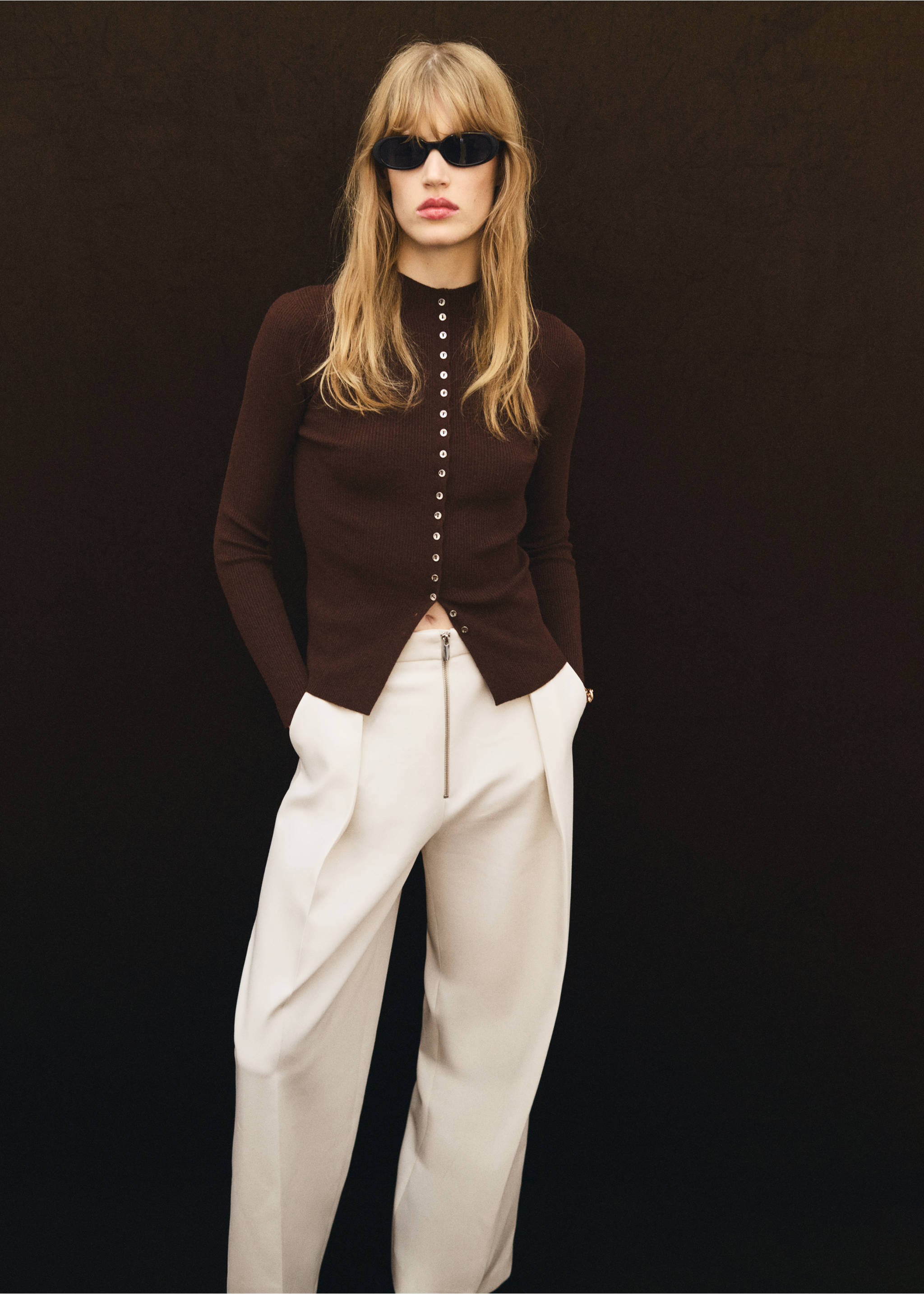 Fine rib knit cardigan - General plane, Chocolate. Ref: 17055804-00.