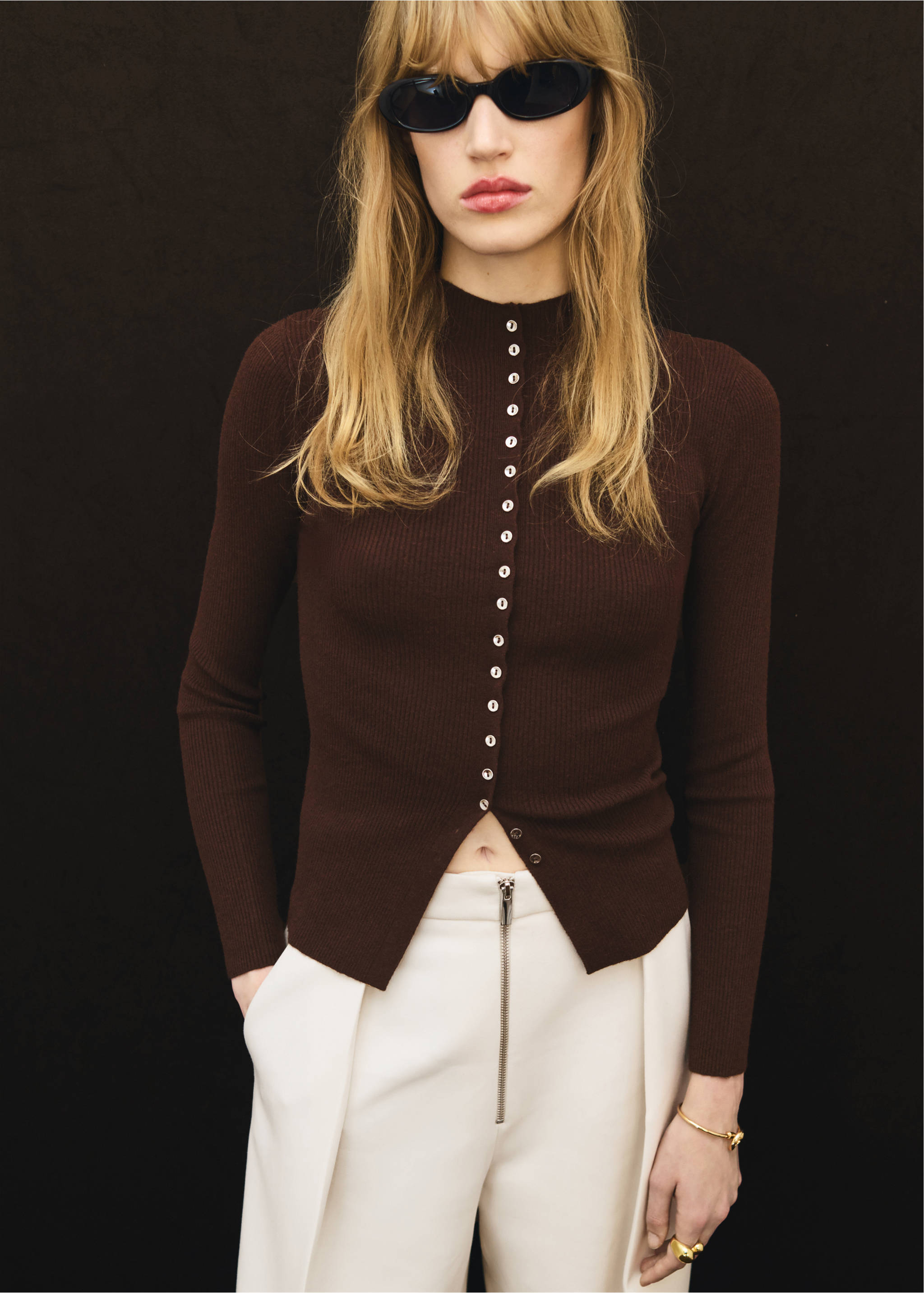 Fine rib knit cardigan - Medium plane, Chocolate. Ref: 17055804-00.