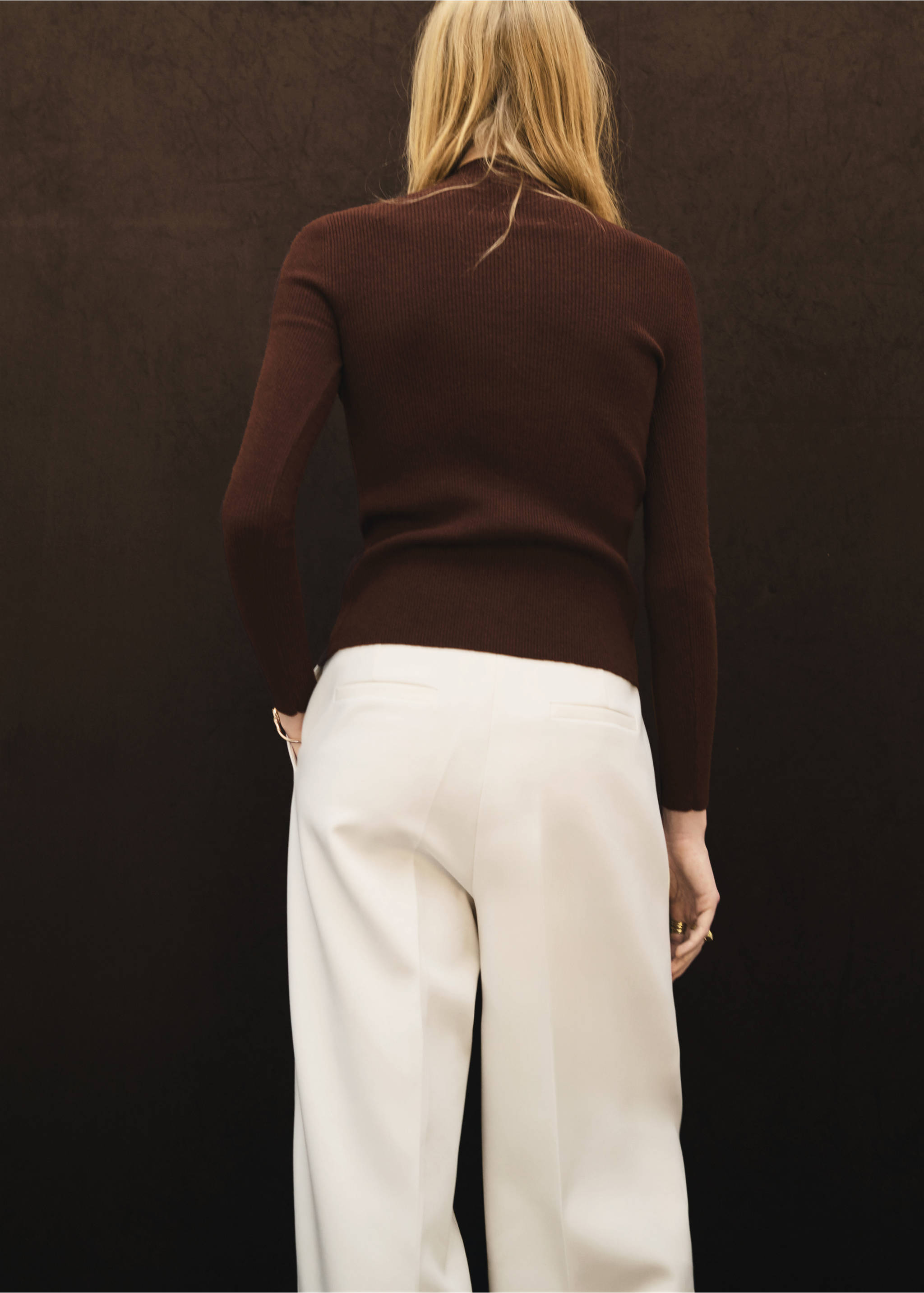Fine rib knit cardigan - Reverse of the article, Chocolate. Ref: 17055804-00.