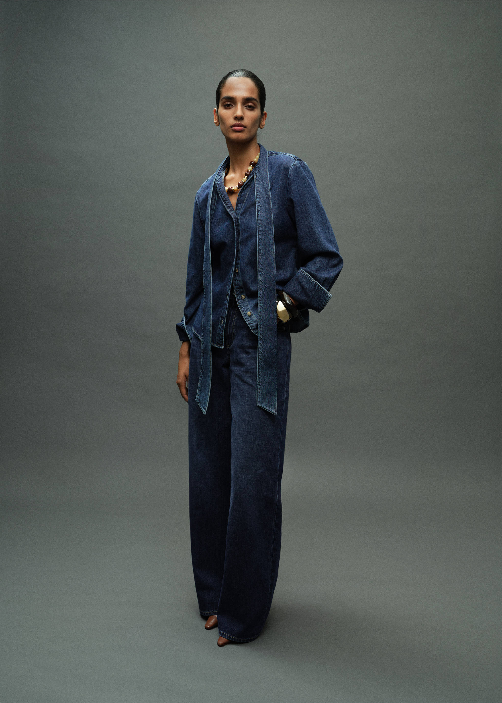 Denim shirt with bow - General plane, Dark Blue. Ref: 17055805-00.