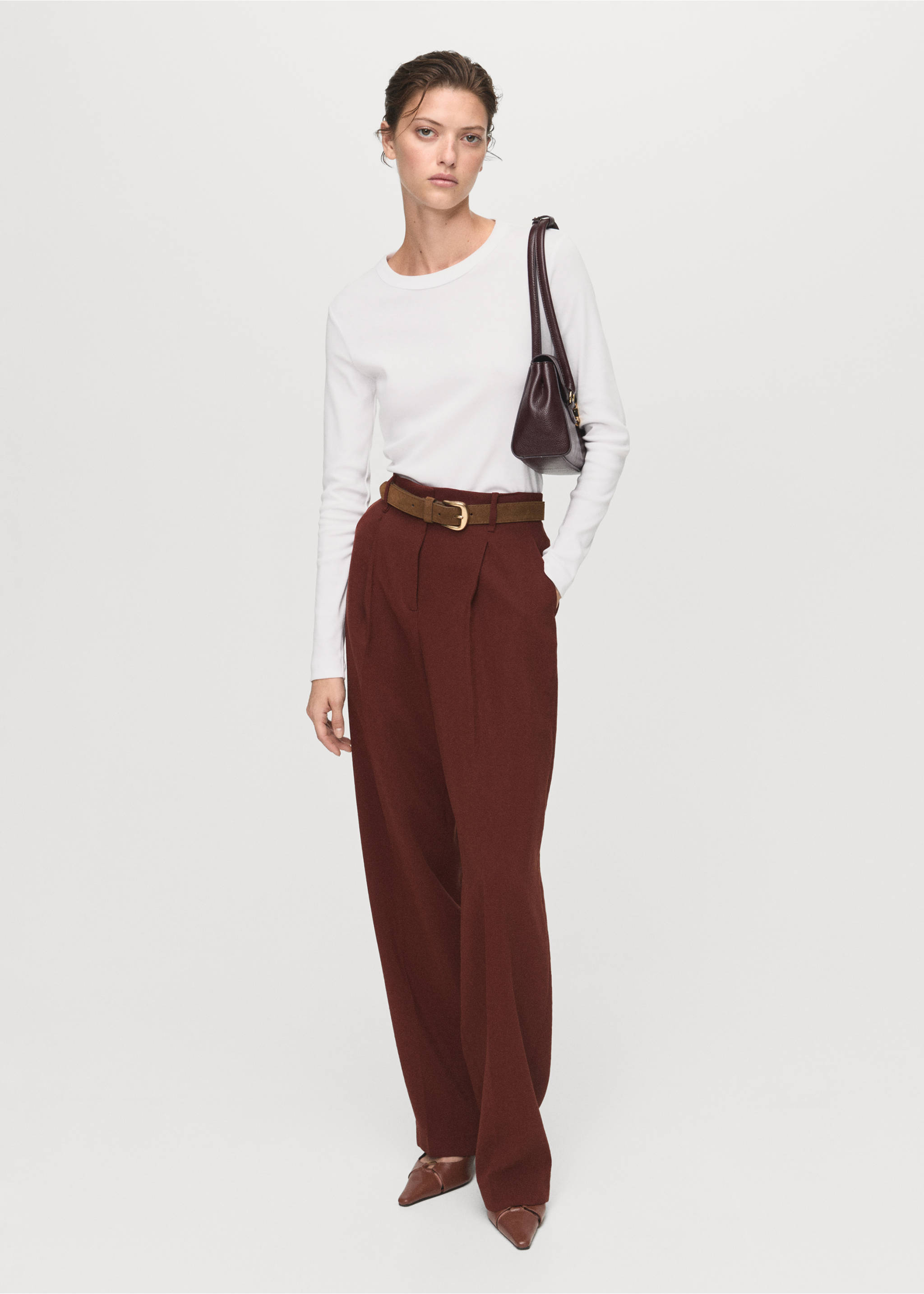 White long-sleeve t-shirt with a round neck, worn with brown trousers., White. Ref: 17055814-00.