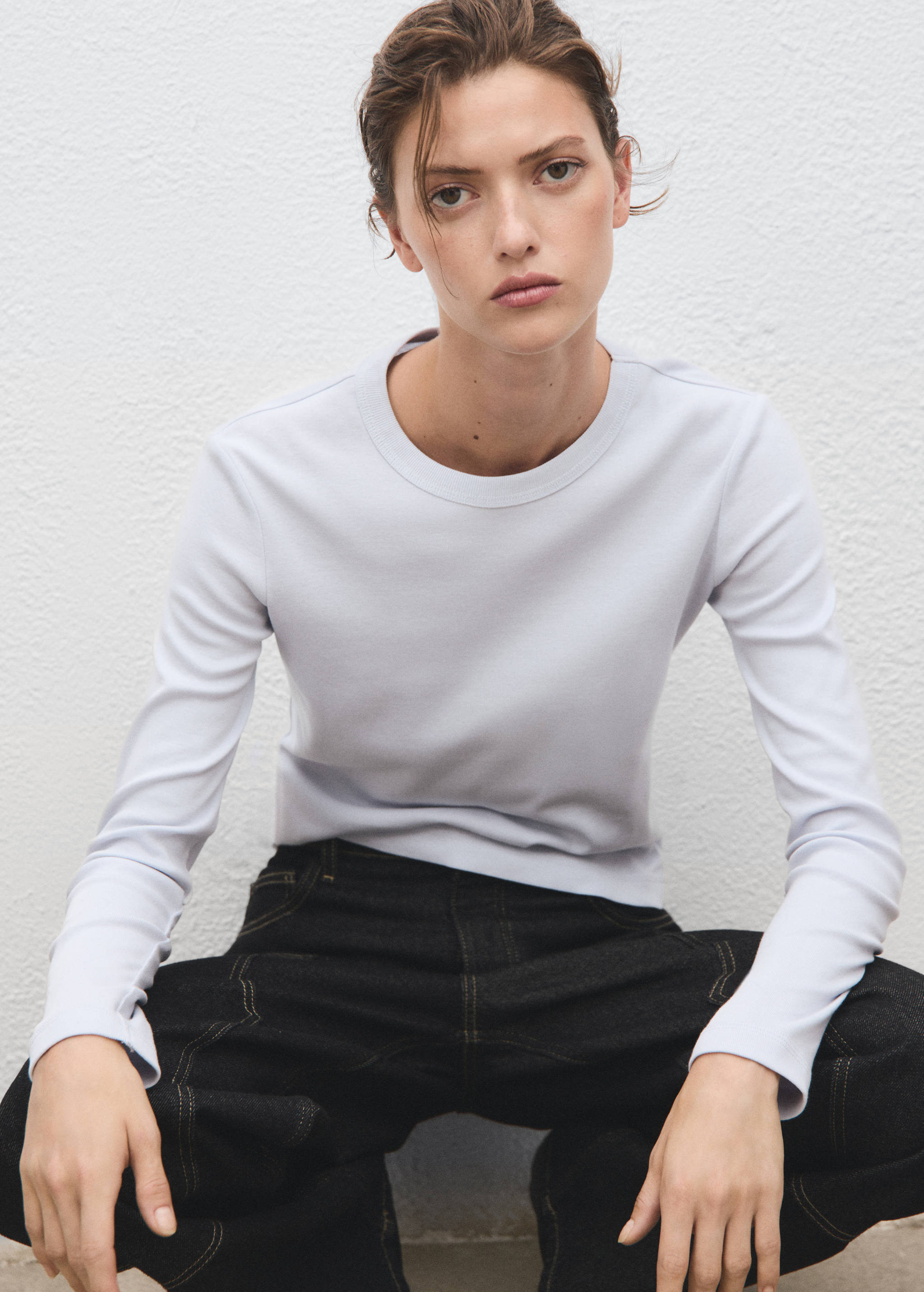 Light purple long-sleeve t-shirt with a ribbed crew neck.