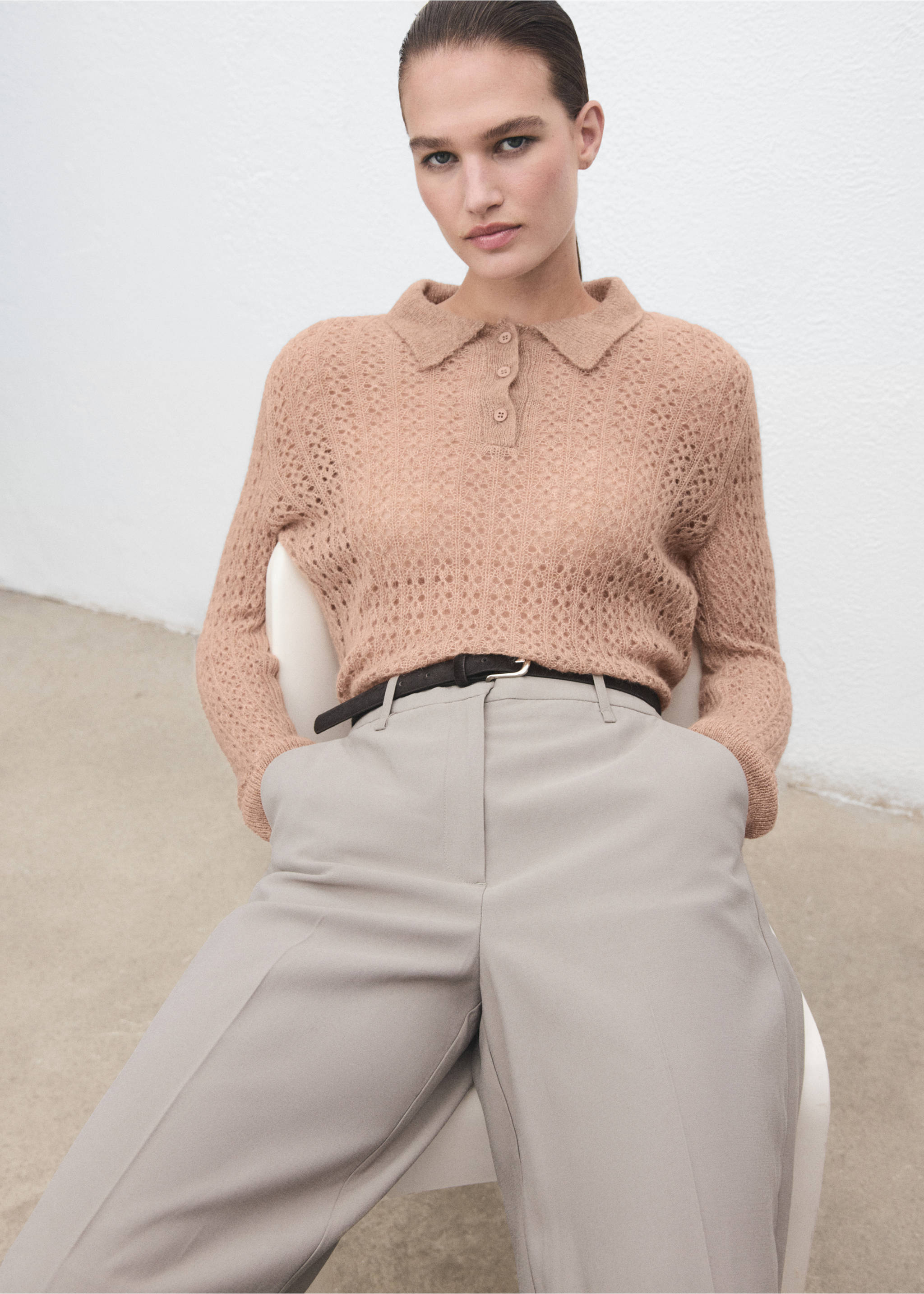 Light brown knitted polo sweater with an openwork pattern and collar., Medium Brown. Ref: 17055823-00.